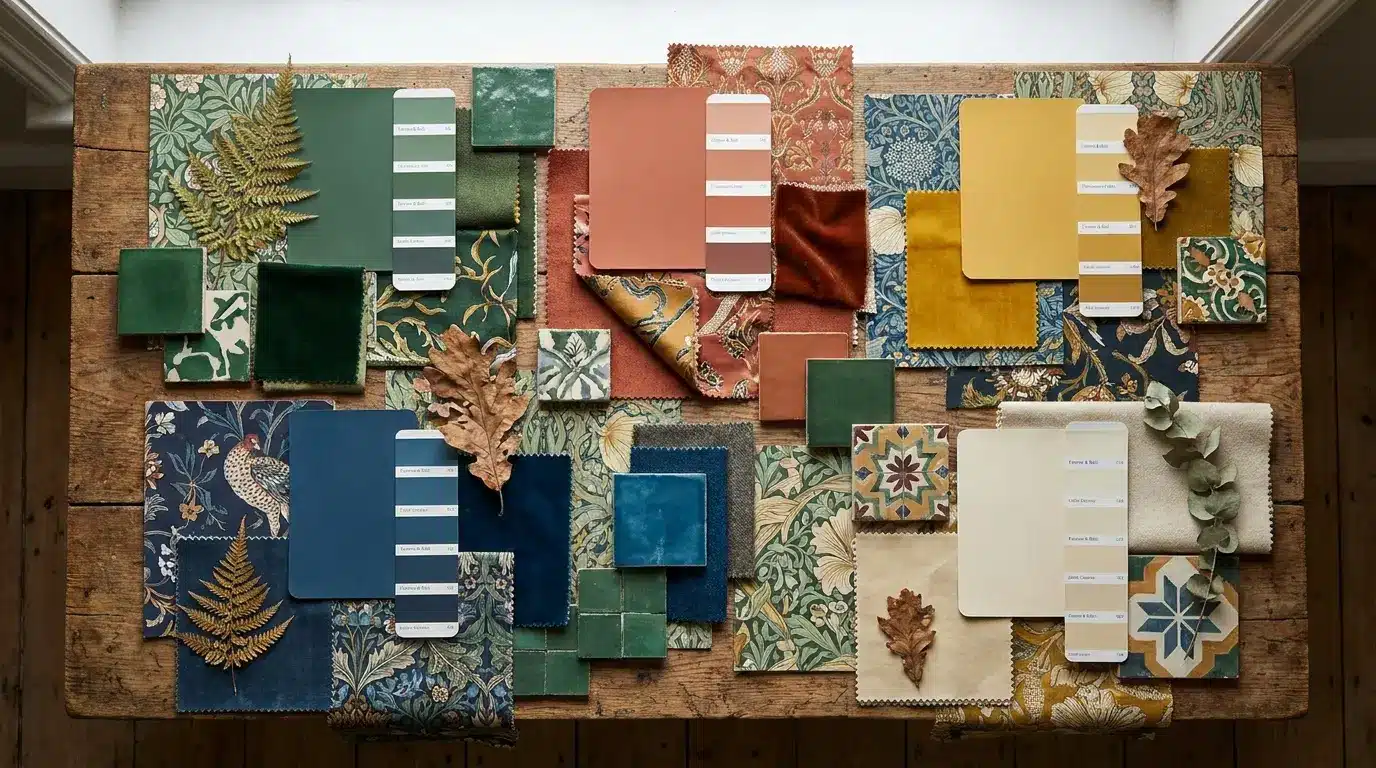 maximalist color palette mood board with paint swatches patterned fabrics tiles wallpaper samples and dried leaves