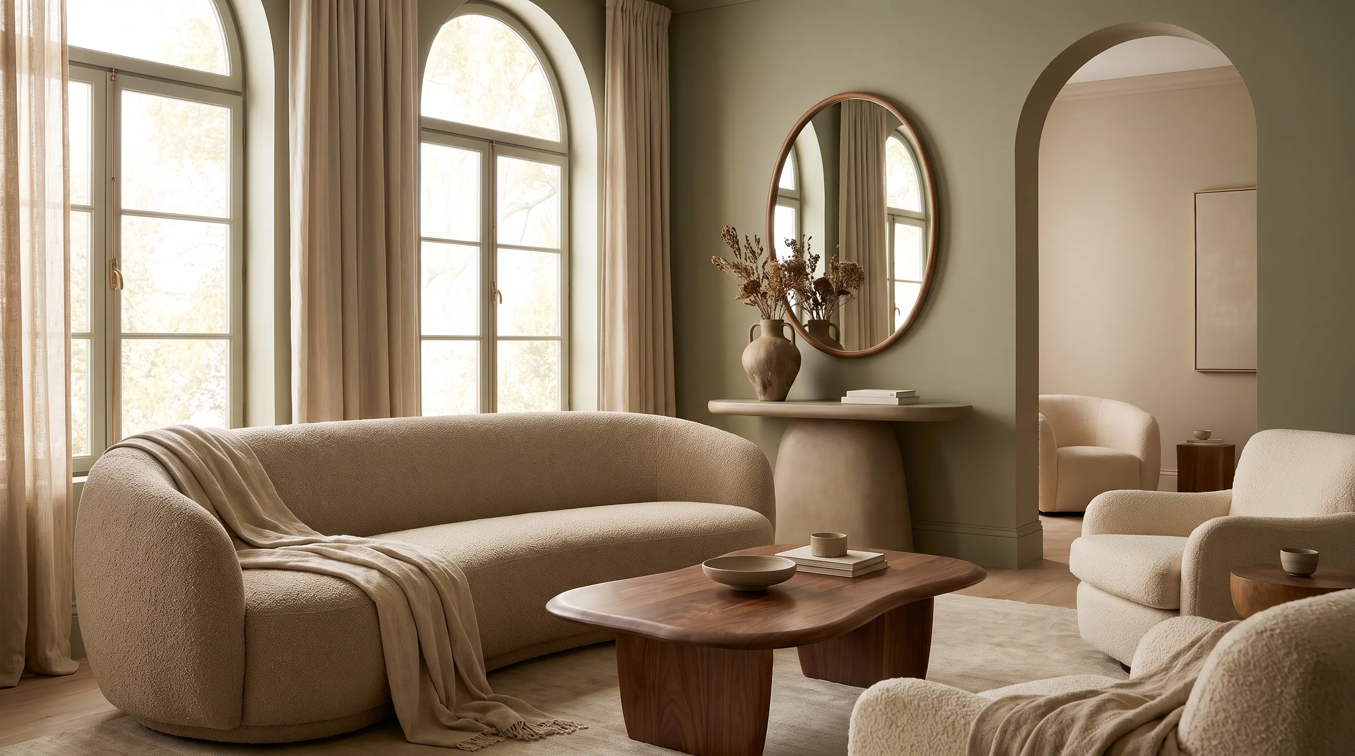 Biophilic room with curved furniture, organic decor pieces, and soft natural shapes.