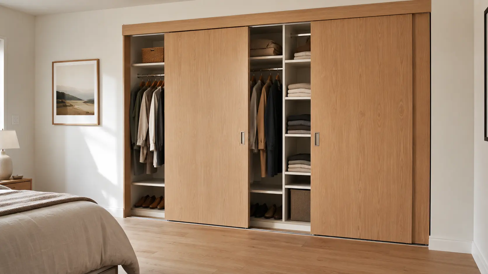 Compact master closet with partially open wooden sliding doors, organized storage, and a clear bedroom walkway
