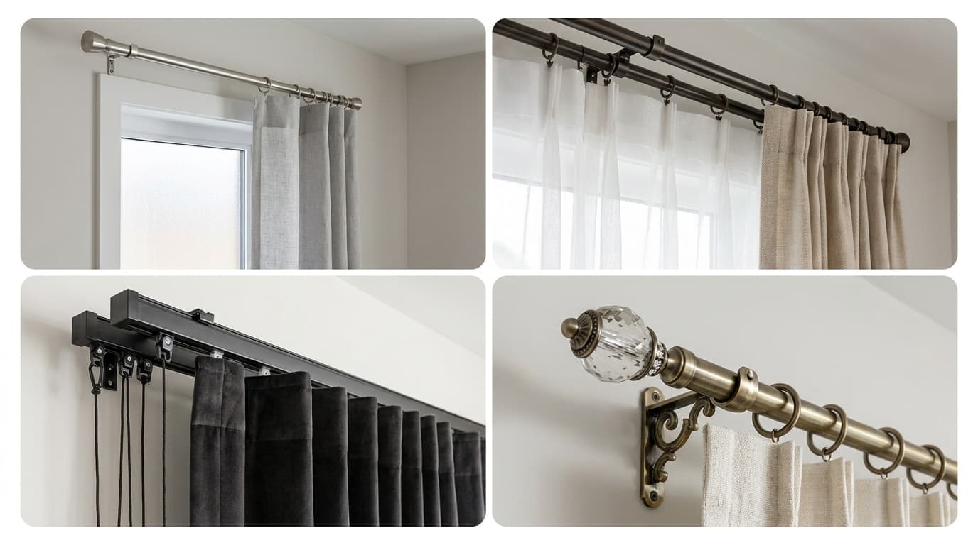 Close-up view of different curtain panels hanging styles on a rod