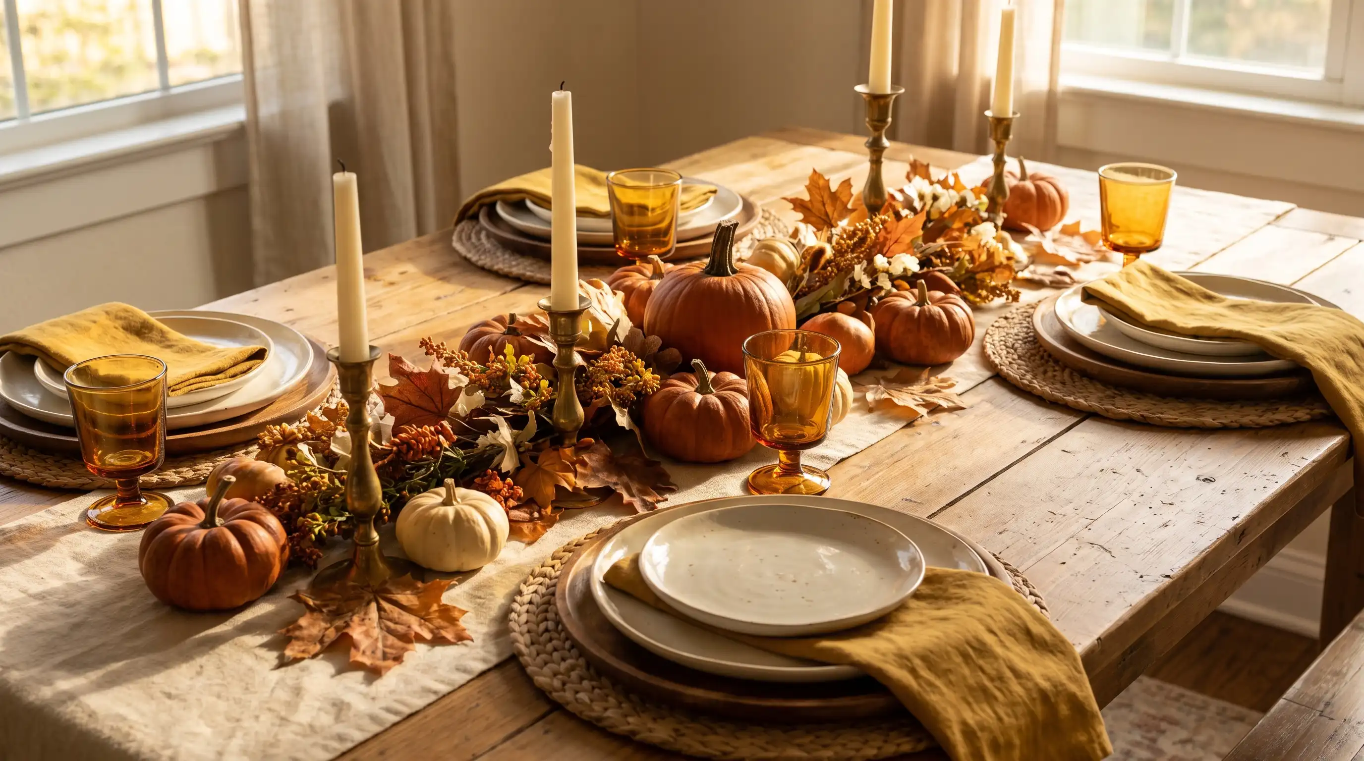 Classic harvest table with pumpkins, gourds, mustard linens, ceramic plates, and autumn foliage