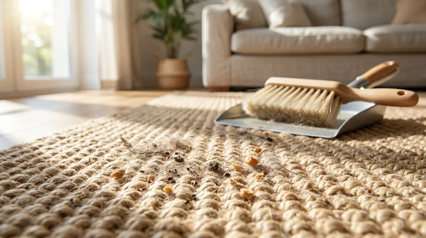 Removing spills quickly while cleaning jute rug to prevent permanent stains.