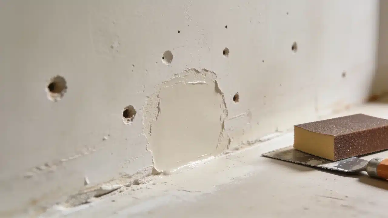 Patched and cleaned wall surface ready for limewash application