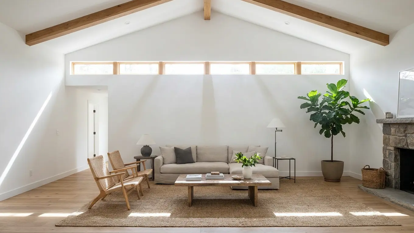 Bright modern living room with a vaulted white ceiling, exposed wooden beams, clerestory windows, neutral furniture, a large potted plant, and a stone fireplace. Sunlight fills the space through the high windows.