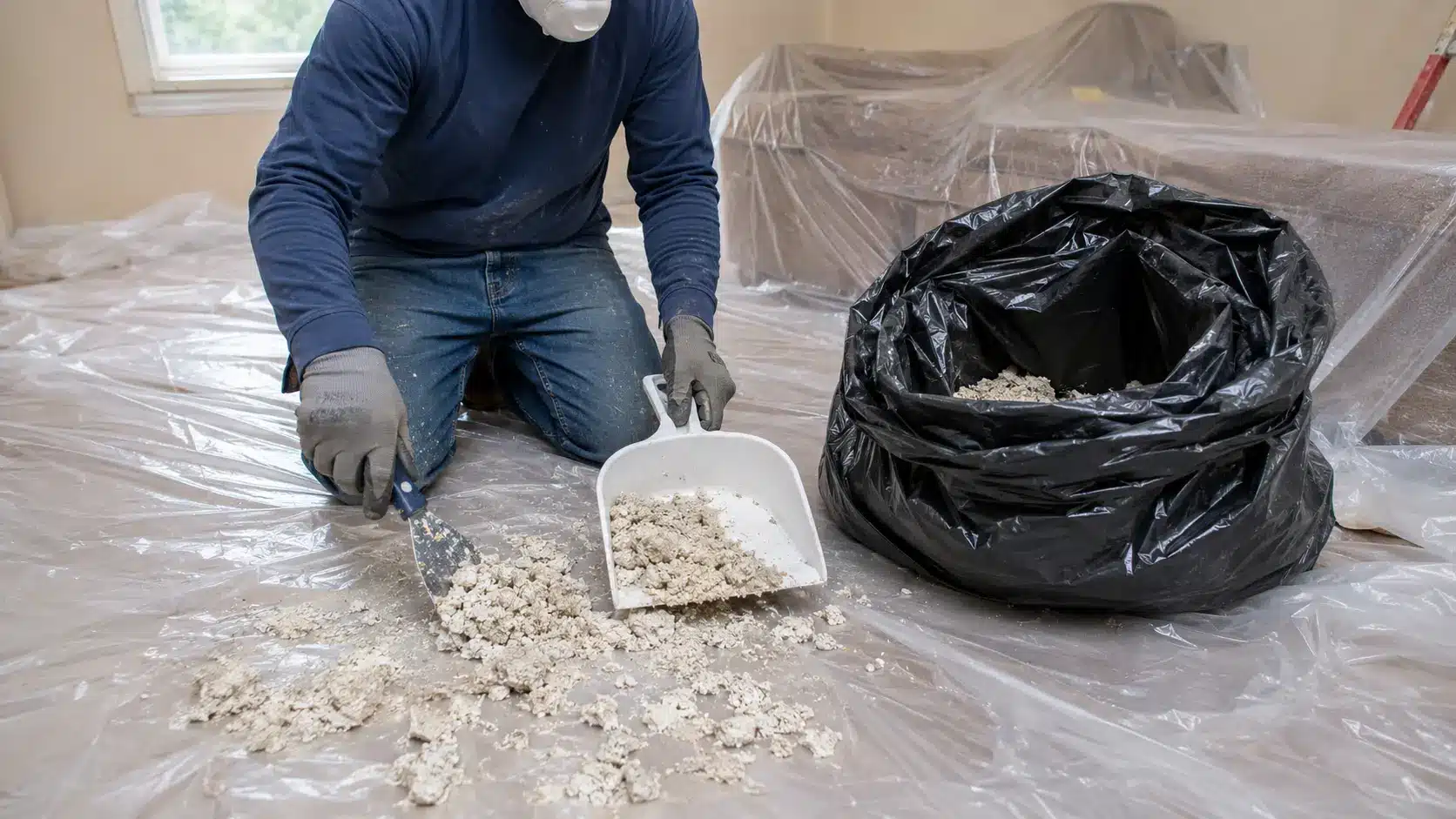Worker collecting wet popcorn ceiling debris from protective sheeting into a heavy-duty trash bag