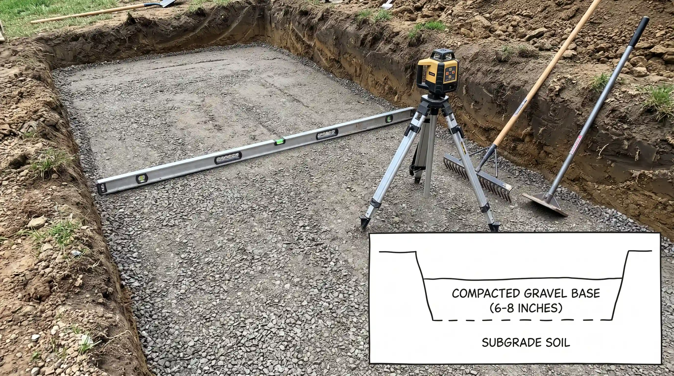 Leveling and compacting gravel base material for a stable retaining wall foundation