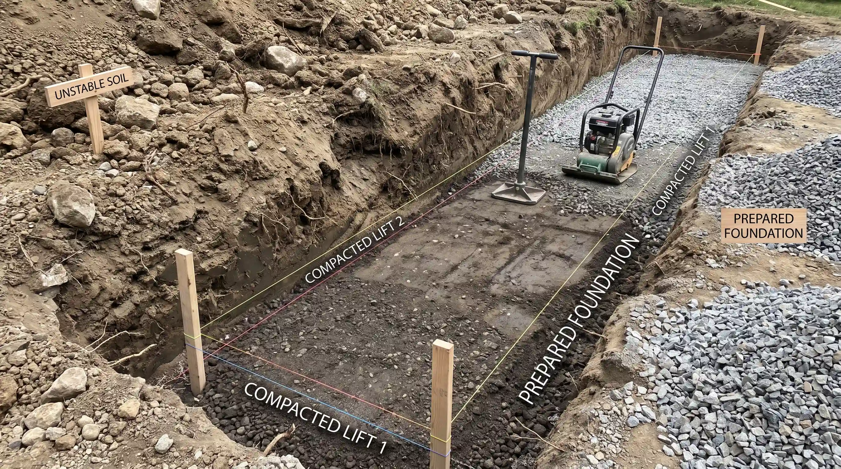 Compacting the soil base in a retaining wall trench before adding foundation material
