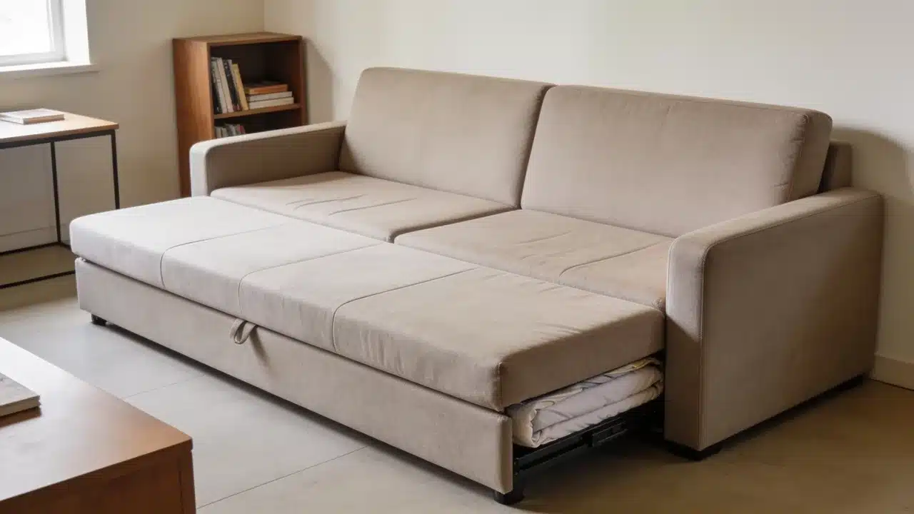 A Modern upholstered sofa that can convert into a comfortable sleeping area