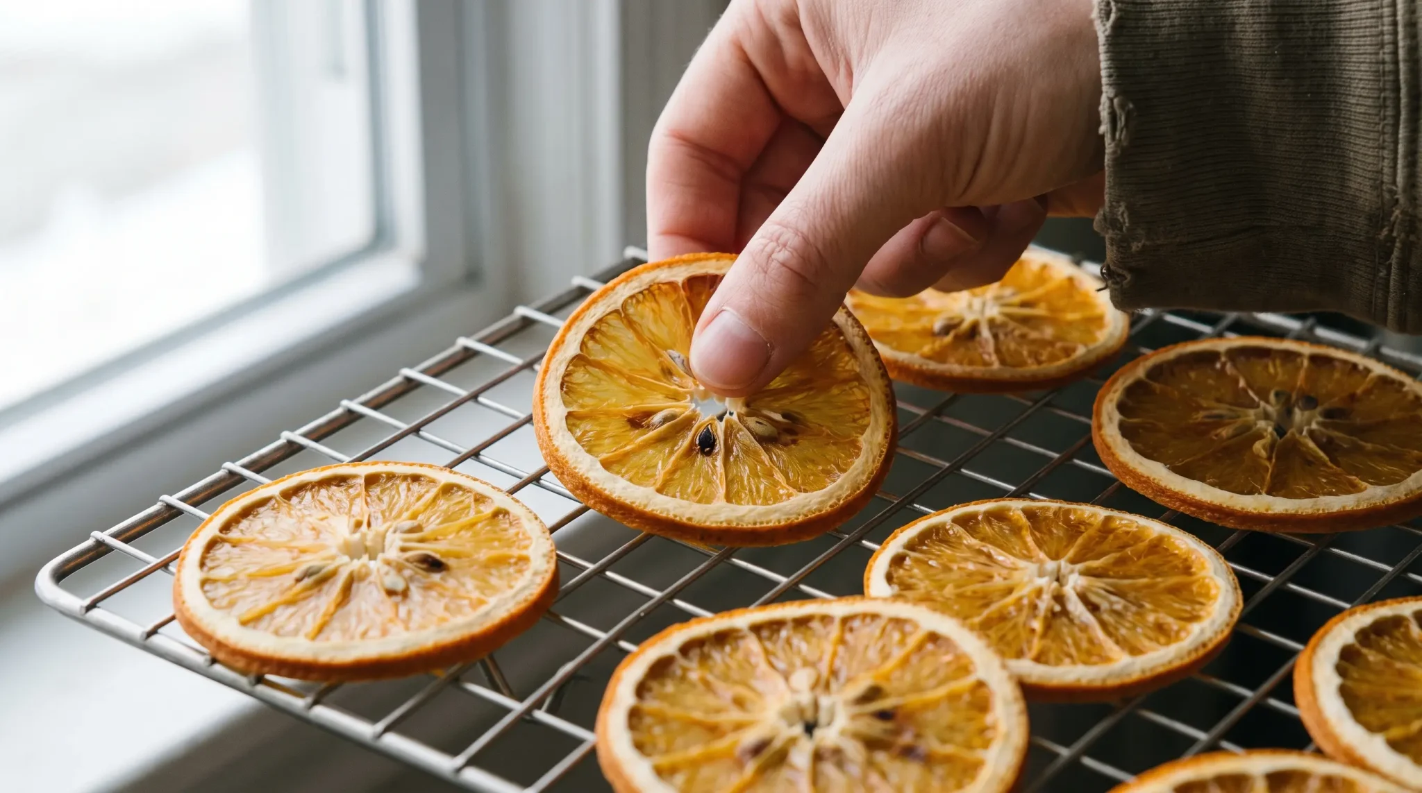 Dried orange slices cooling on a wire rack before checking the centers for remaining moisture.