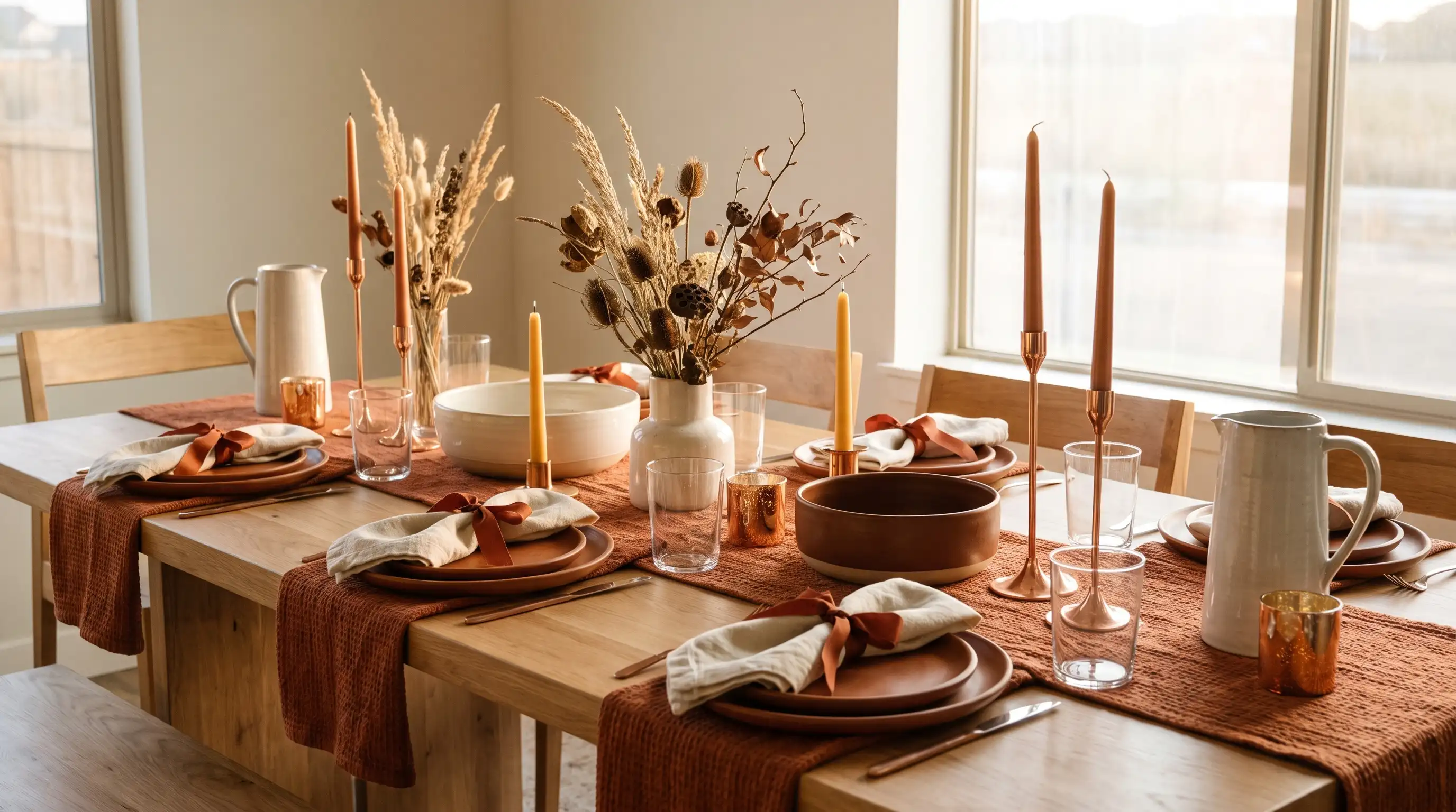 Fall tablescape with terracotta plates, rust linens, copper candleholders, cream napkins, and dried foliage.