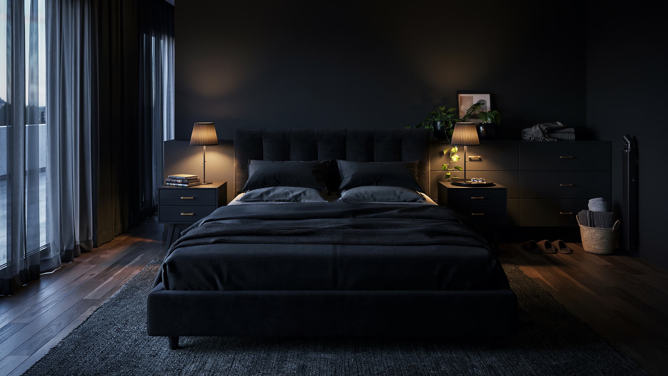 Black bedroom for couples with comfortable furniture and balanced decor