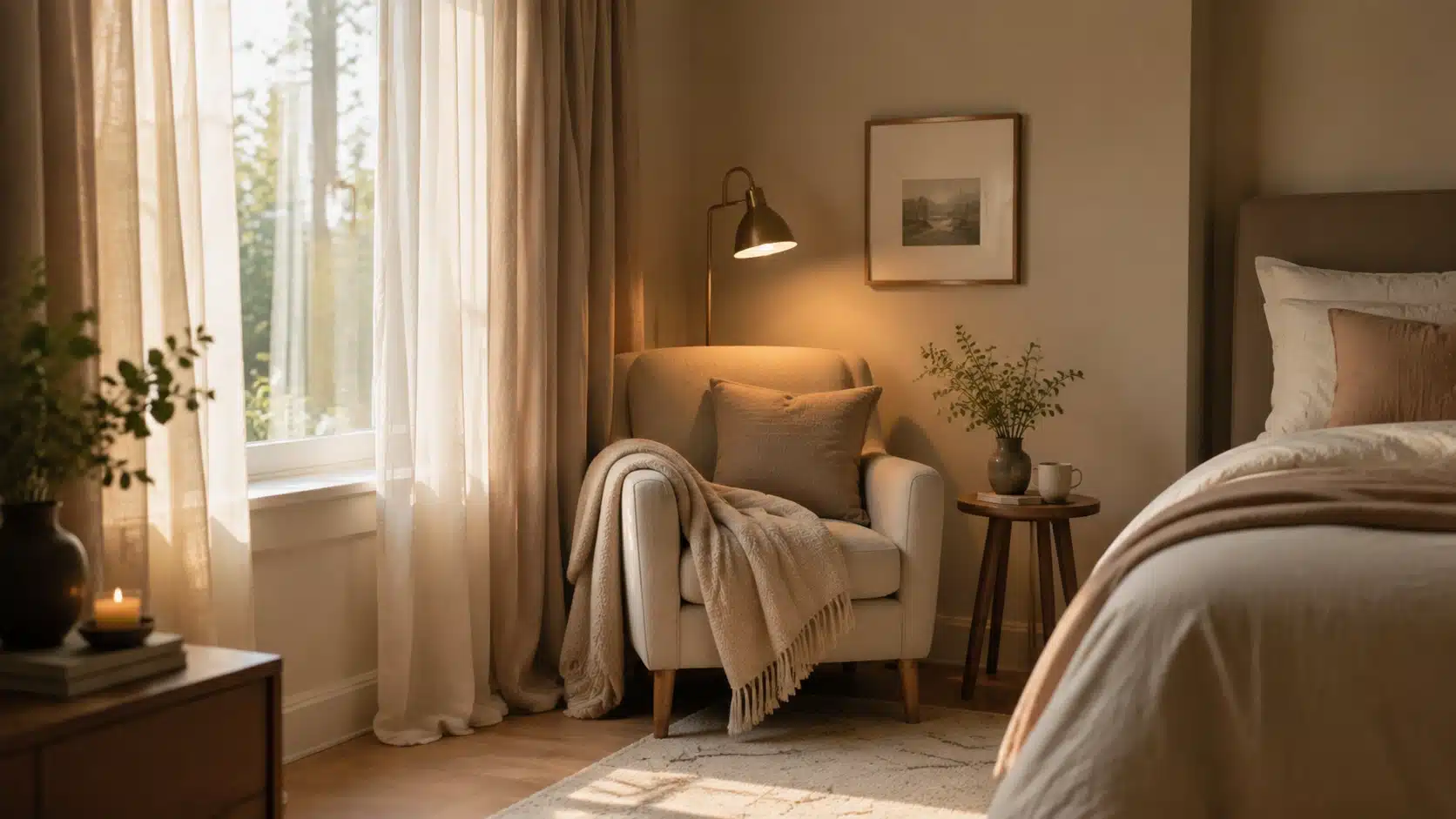 Cozy bedroom reading corner with a comfortable chair, soft throw blanket, side table, and warm ambient lighting.