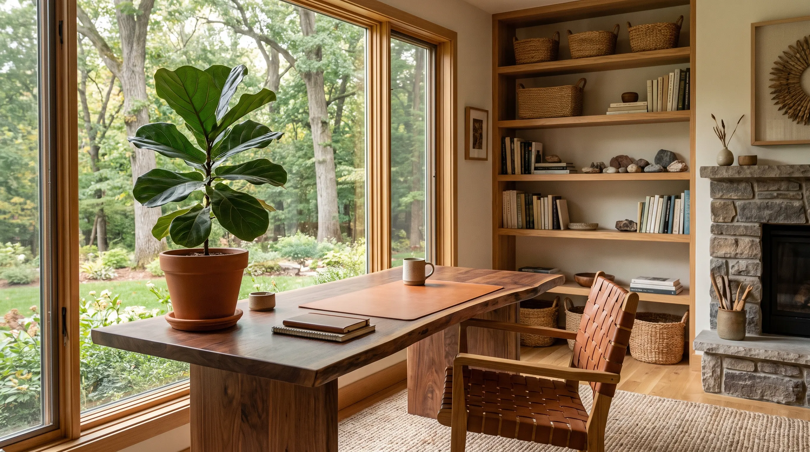 Nature-inspired home office with desk plant, wooden furniture, and natural window light.