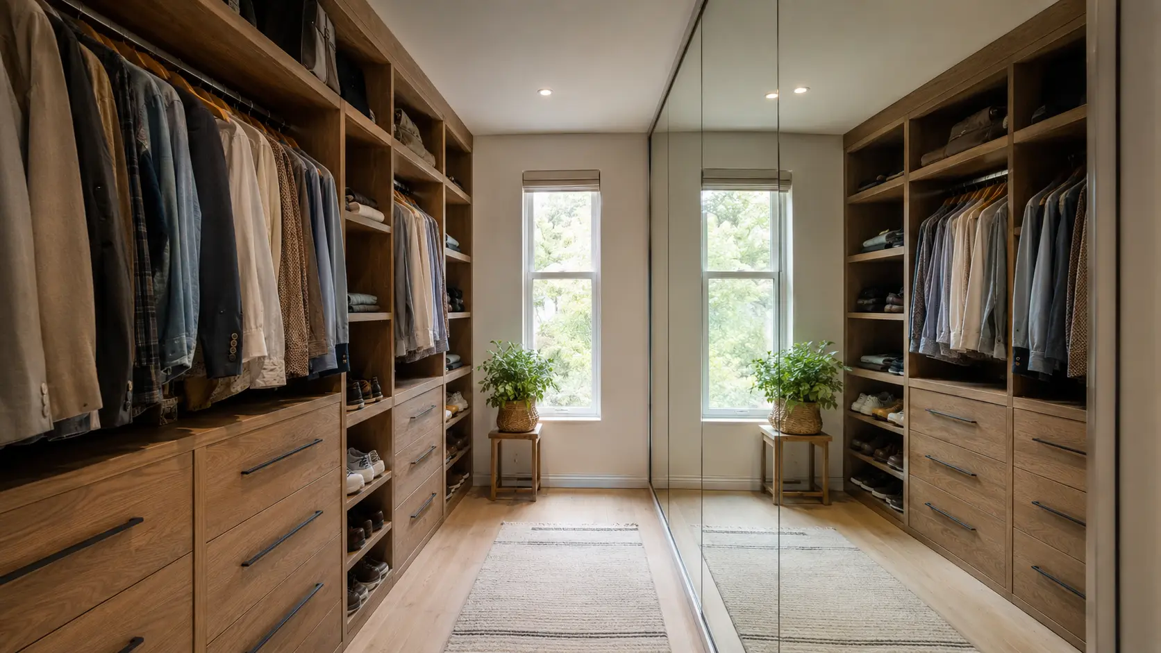 Narrow master closet with a full-length mirrored wall reflecting organized wood cabinets, hanging clothes, and natural light