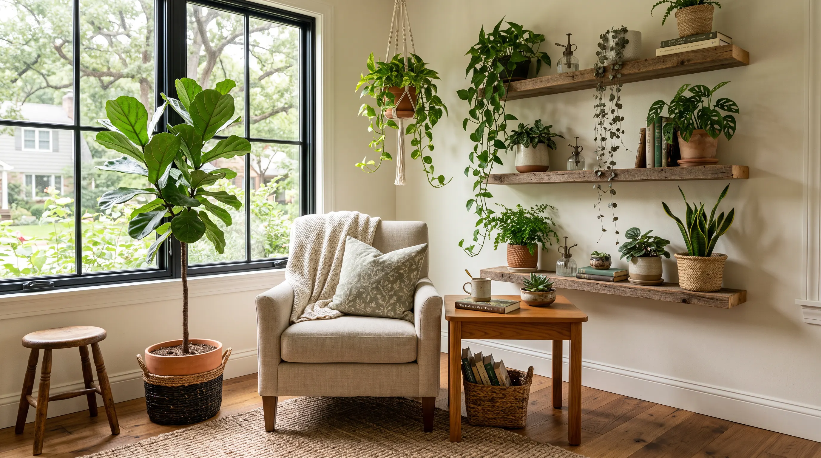 Cozy indoor plant corner with leafy greenery, natural light, and wooden furniture.