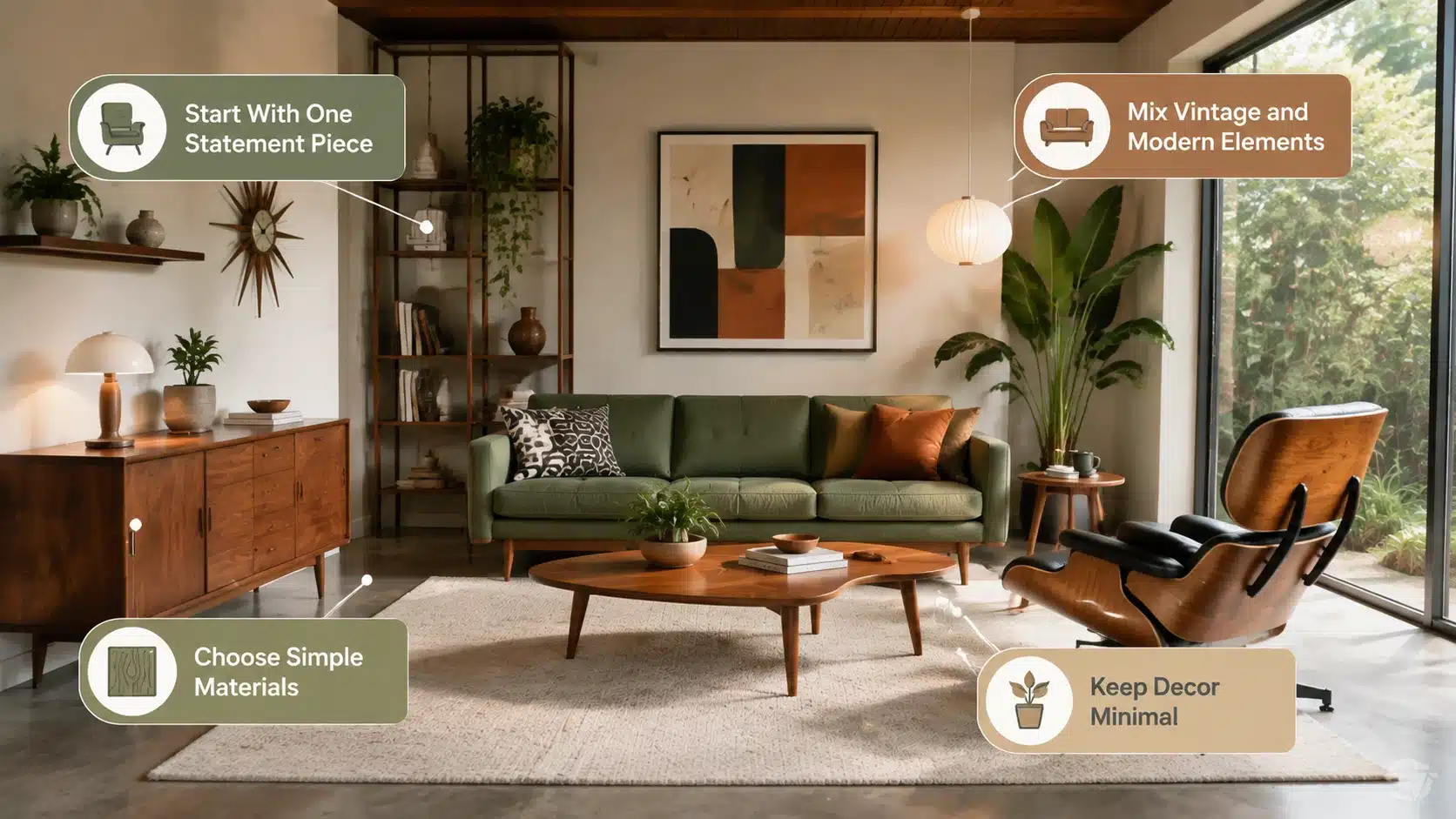 Mid-century modern living room with statement furniture, vintage and modern elements, simple materials, and minimal decor.