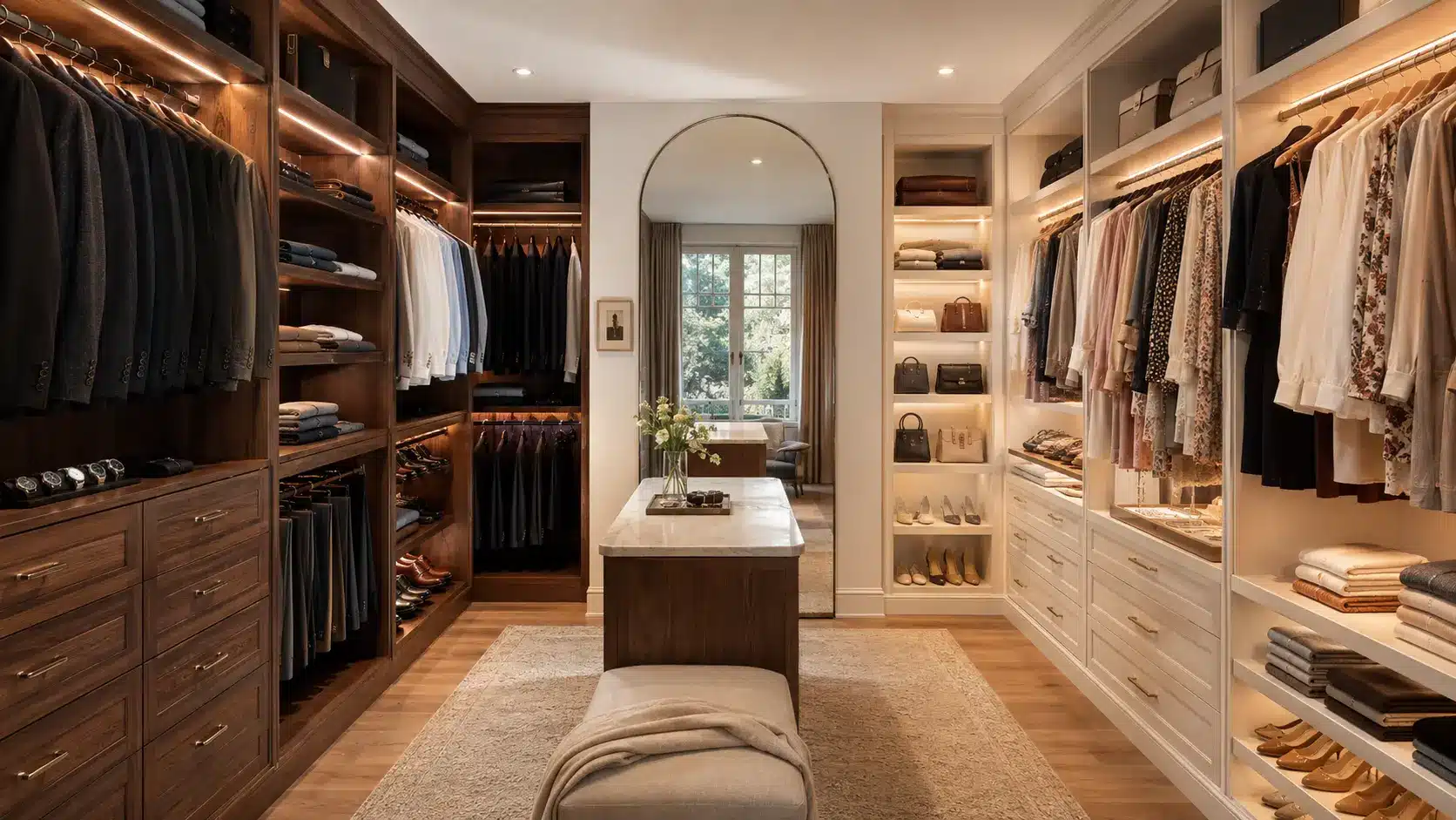 Shared walk-in closet with separate his-and-hers hanging areas, drawers, shelves, shoe storage, and central island.
