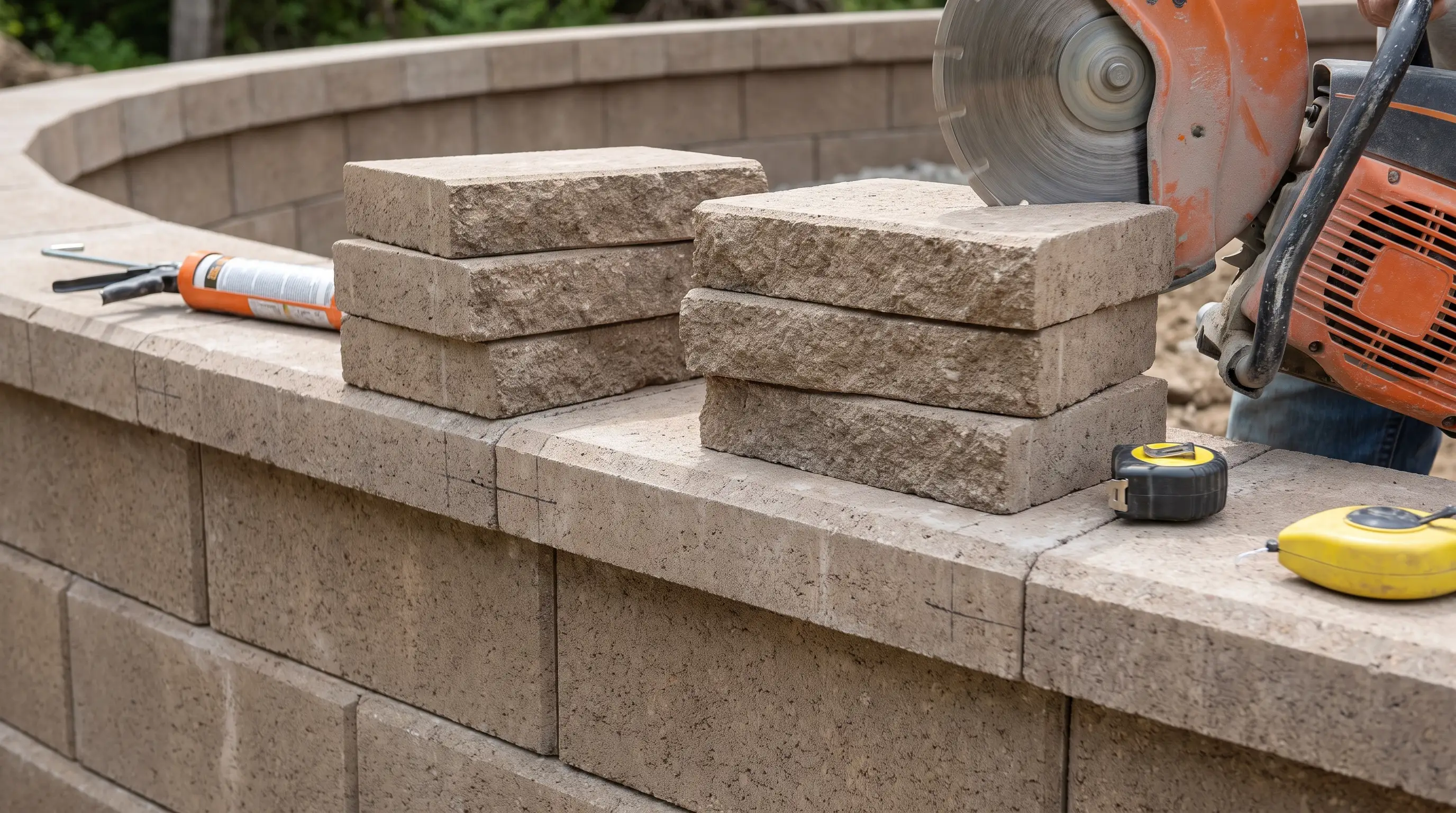 Cutting and installing cap blocks on top of a completed retaining wall