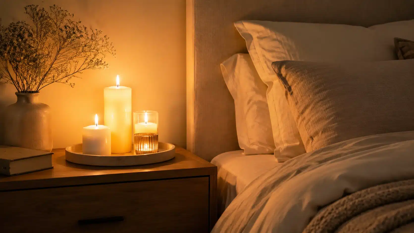 Minimalist romantic bedroom nightstand decorated with candles creating a warm and cozy glow
