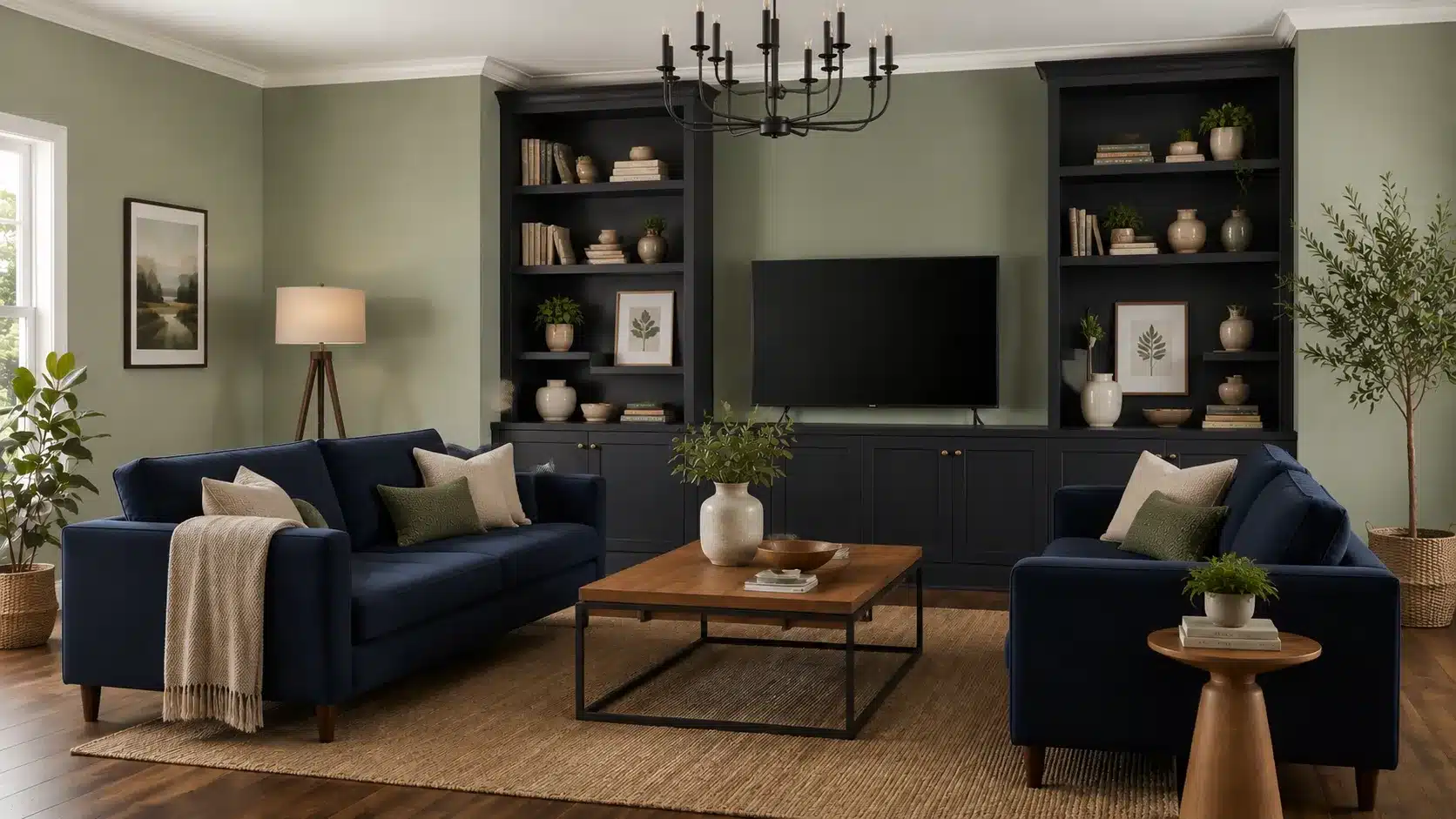 Saybrook Sage room with navy charcoal and dark wood accents.