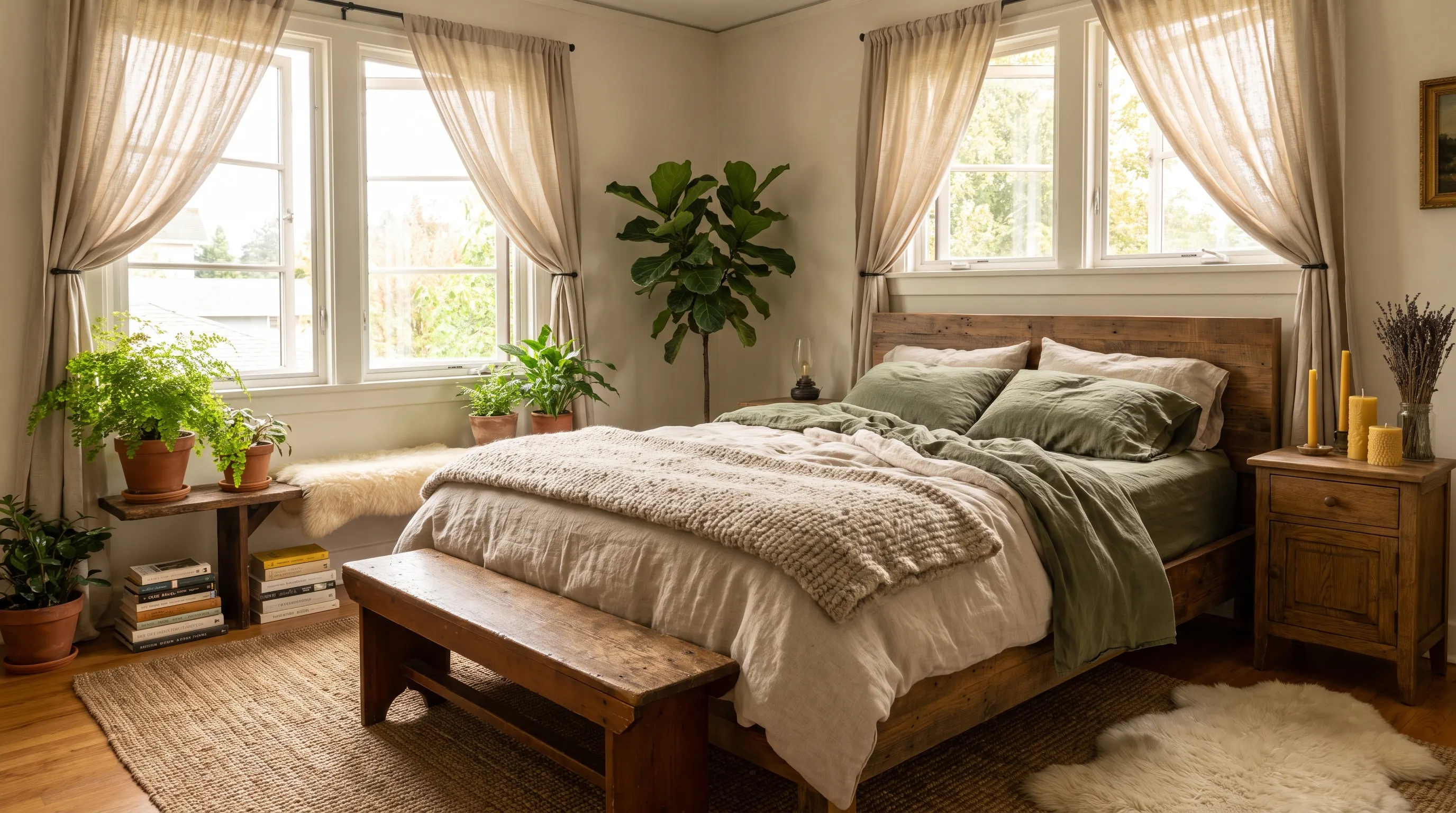 Relaxing room with plants, linen textures, natural scents, soft lighting, and cozy decor.