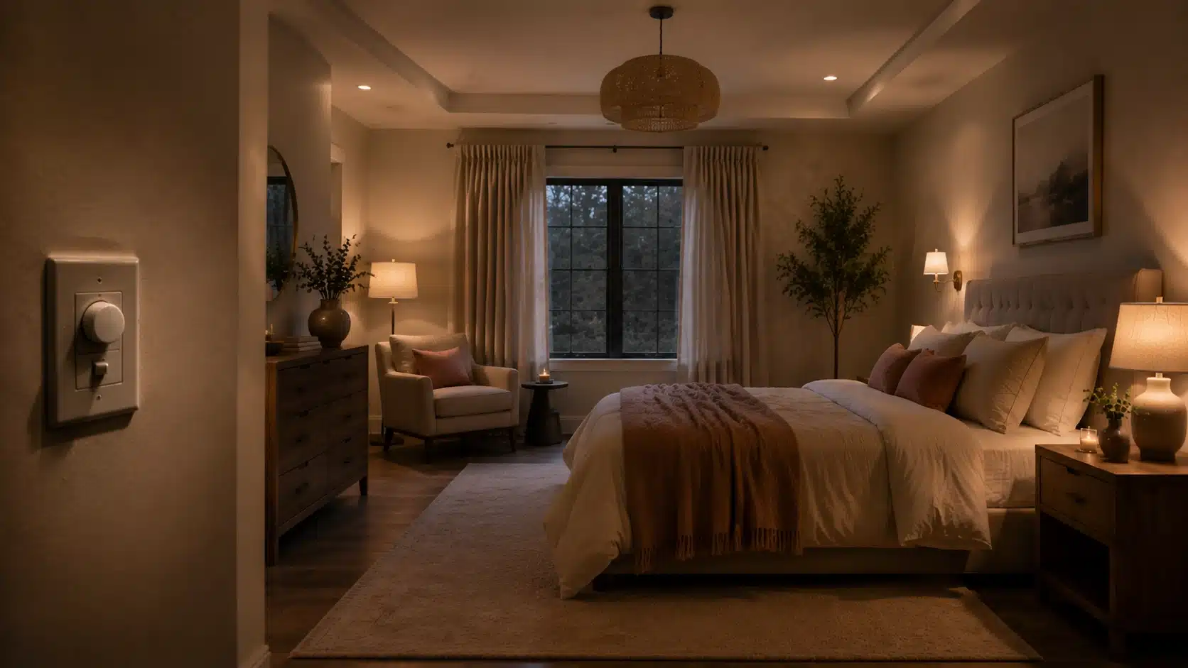 Modern bedroom with adjustable dimmable lighting creating a soft evening atmosphere with warm layered illumination.