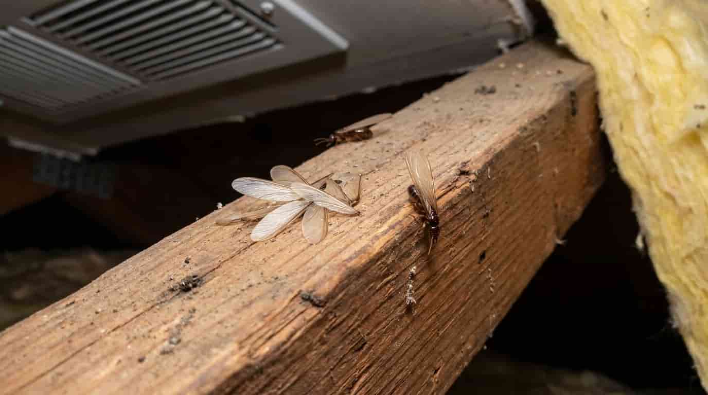 Discarded termite wings and swarmers near ceiling framing showing possible termite activity.