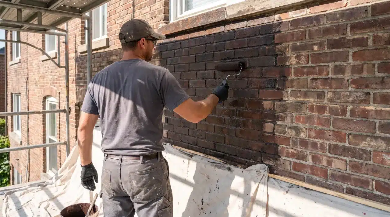 Professional applying dark stain to an exterior brick wall with a roller while working on scaffolding.