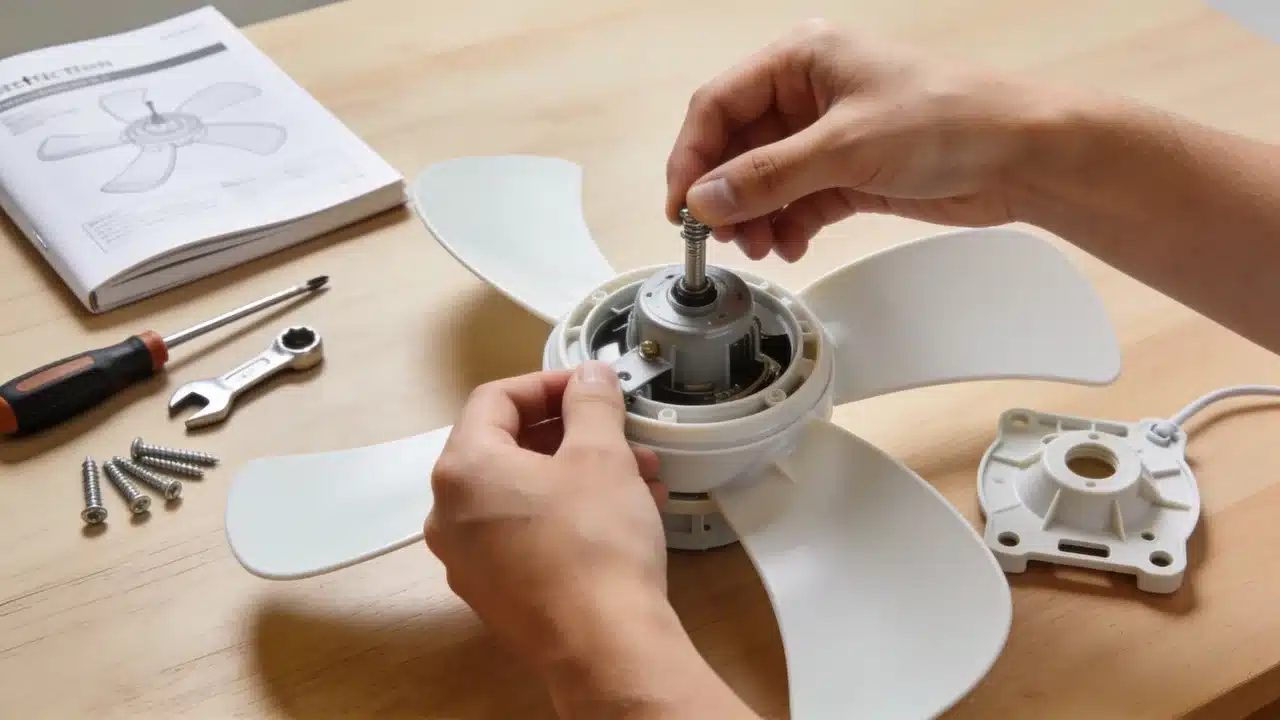 DIY ceiling fan assembly with tools and installation parts.
