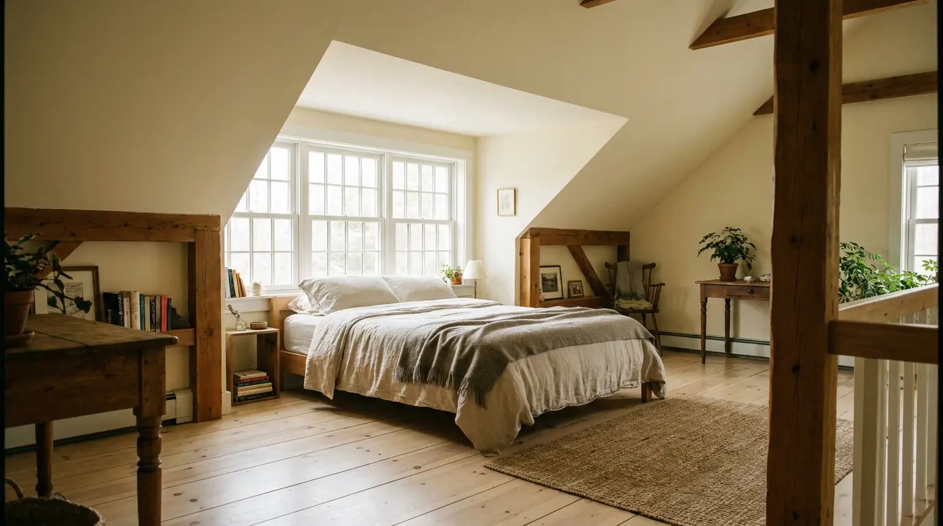 Attic bedroom with a dormer window, sloped ceiling, exposed wood beams, neutral bedding, wood floors, and warm natural light.