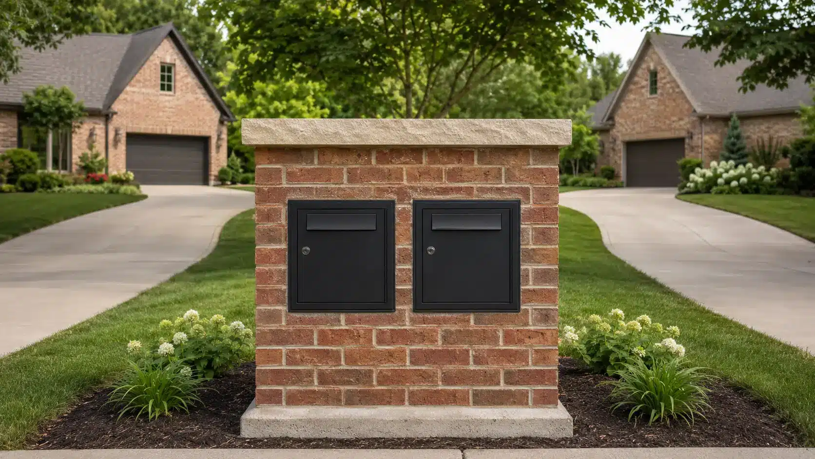 Double brick mailbox with two black metal inserts between shared driveways leading to two suburban homes.