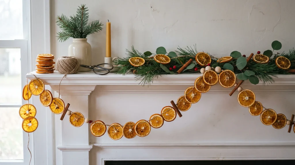 Dried orange garland with cinnamon sticks, wooden beads, pine, and eucalyptus draped across a white mantel.