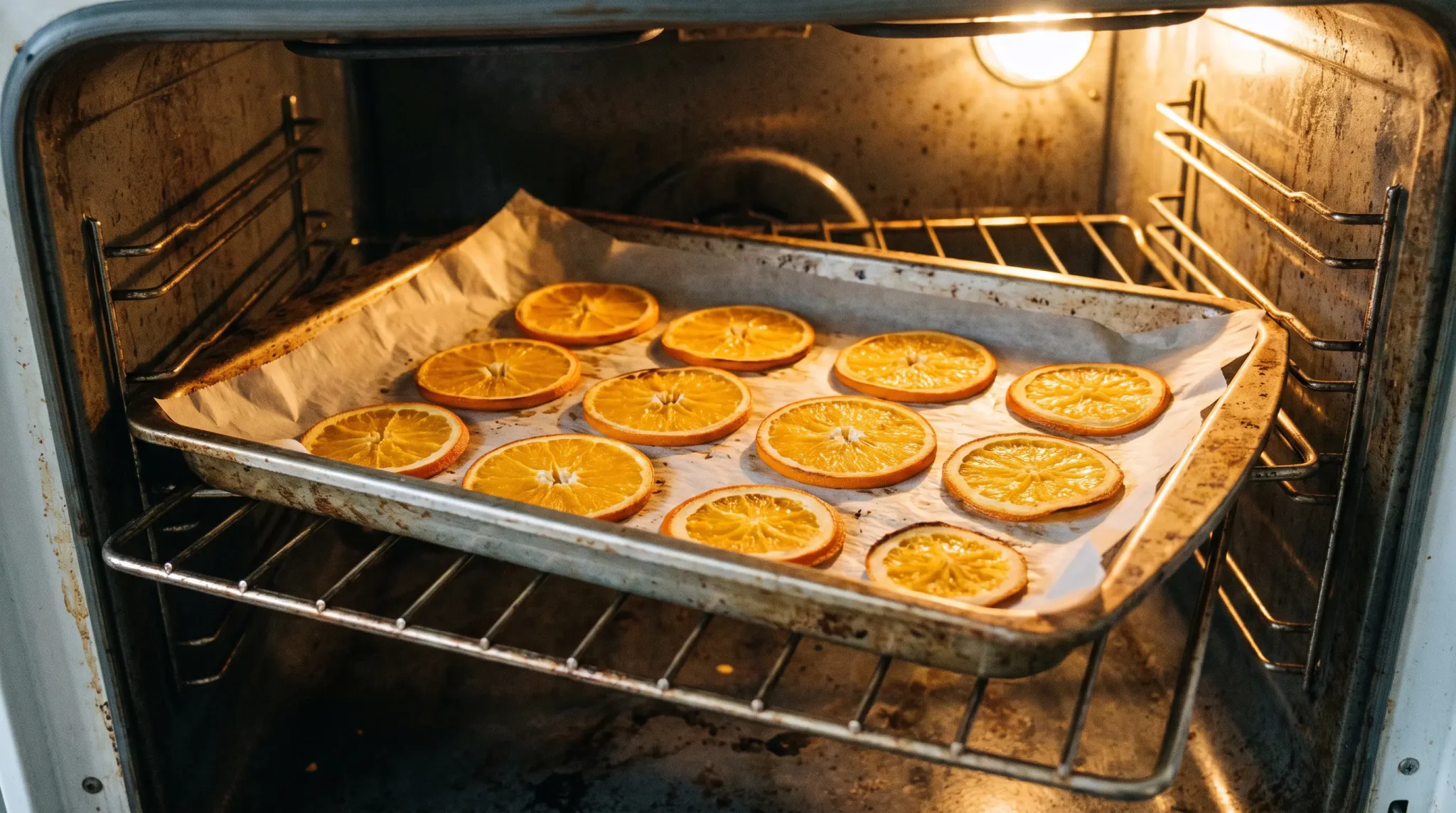 Thin orange slices drying in a single layer on a parchment-lined baking sheet in the oven.
