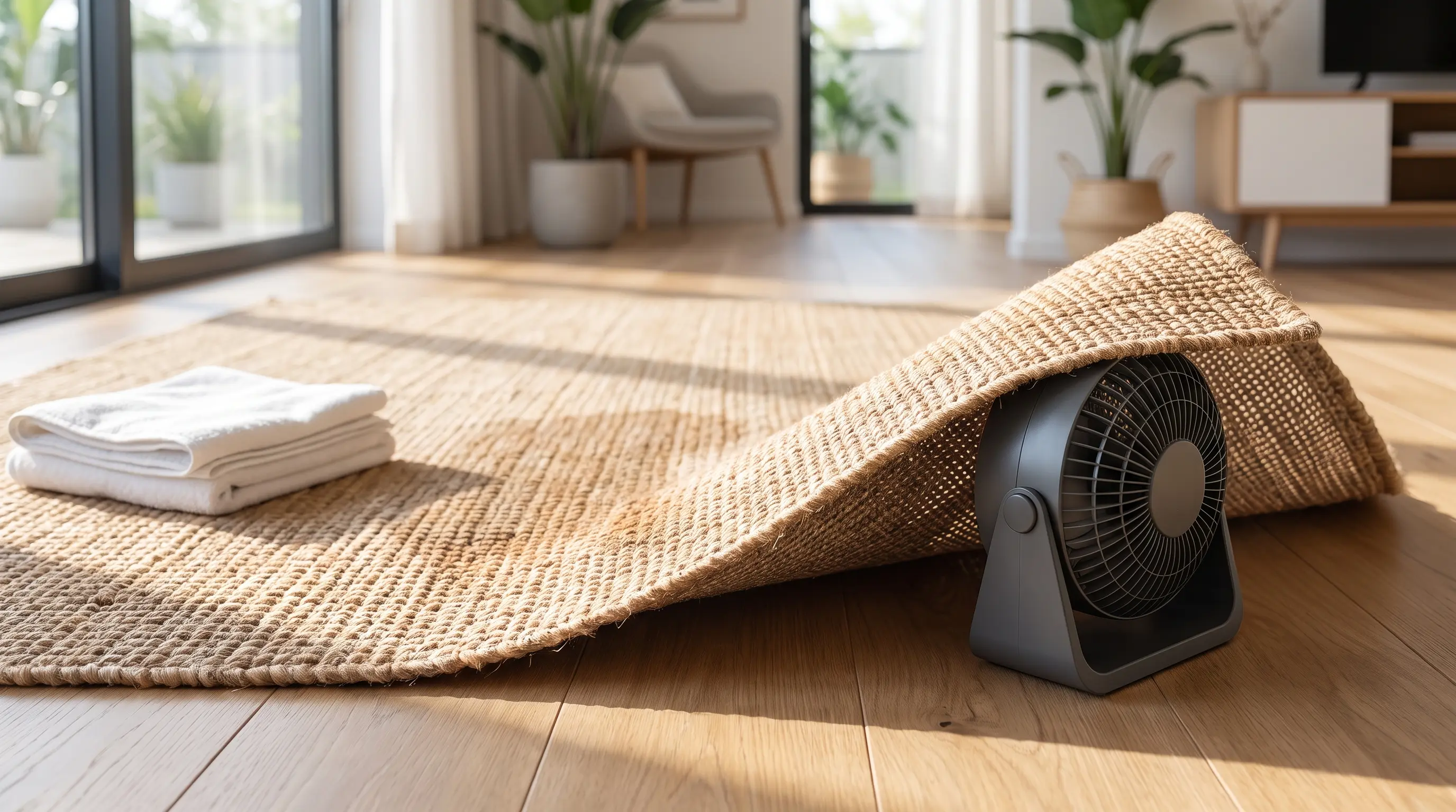 Drying both sides of a jute rug after cleaning to prevent moisture buildup.