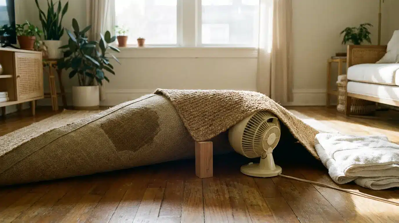 Allowing a jute rug to air dry completely after cleaning and stain removal.