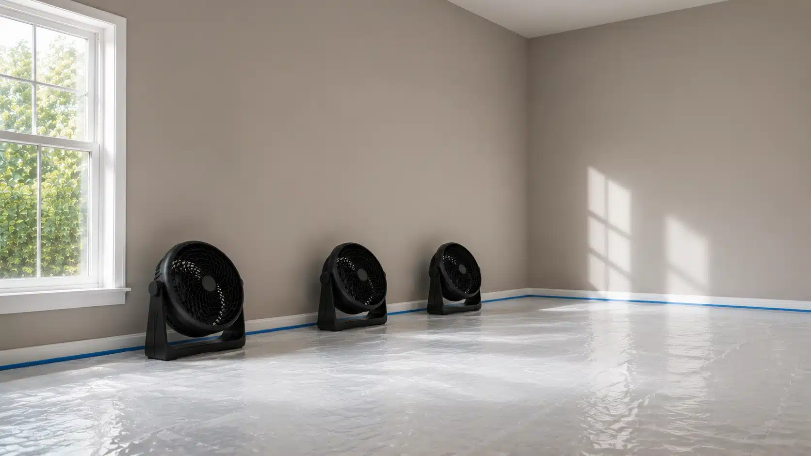 Three fans placed in a room to dry a treated ceiling area after mold removal.