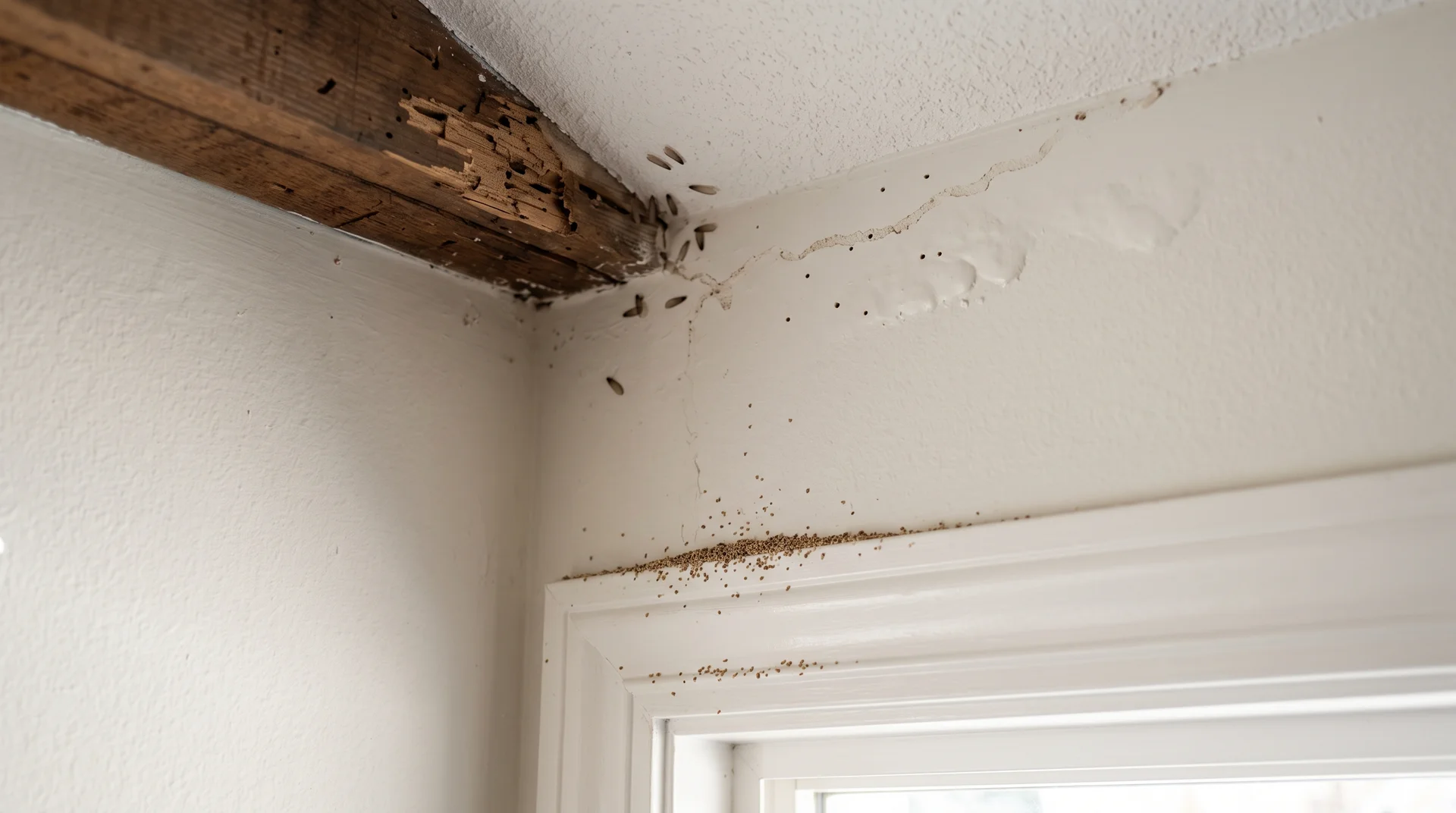 Early stage signs of termites in ceiling showing wood damage, tiny holes, frass pellets, cracked paint, and discarded wings.