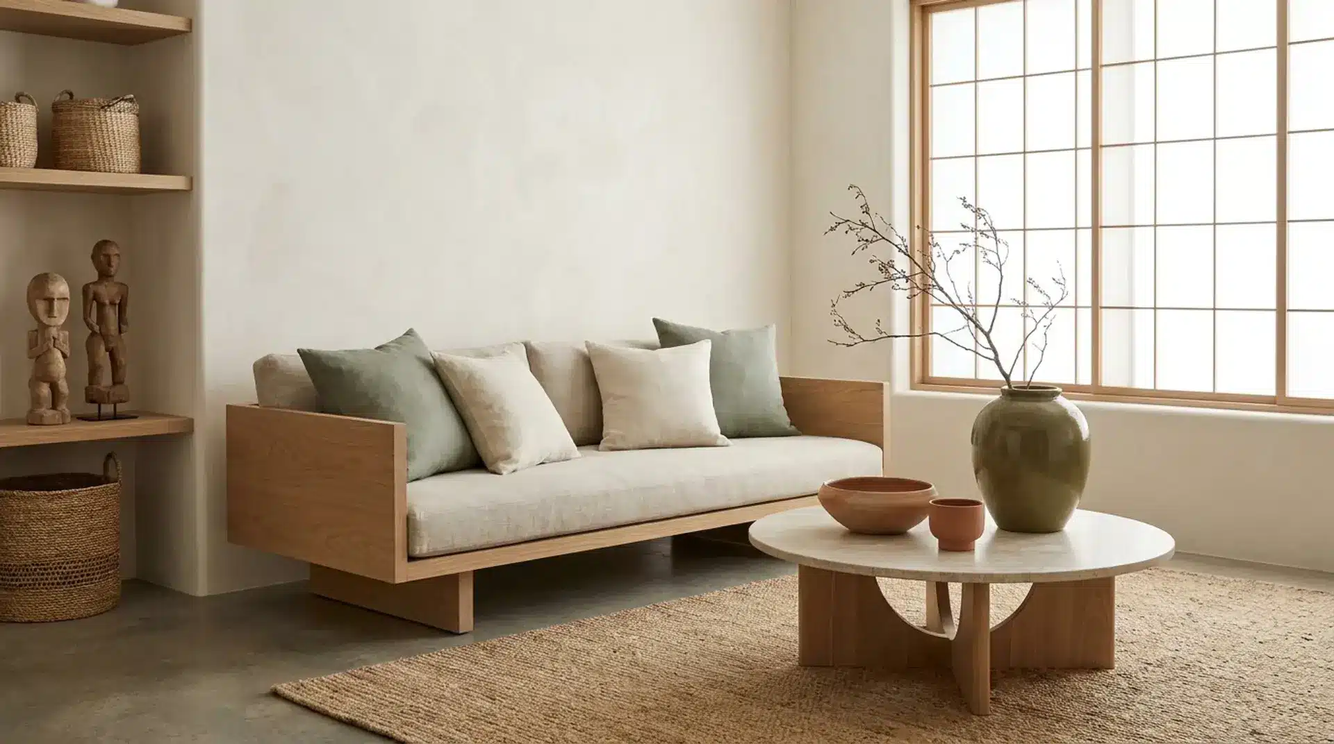 Japandi room with sage cushions, terracotta ceramics, and natural earthy accents