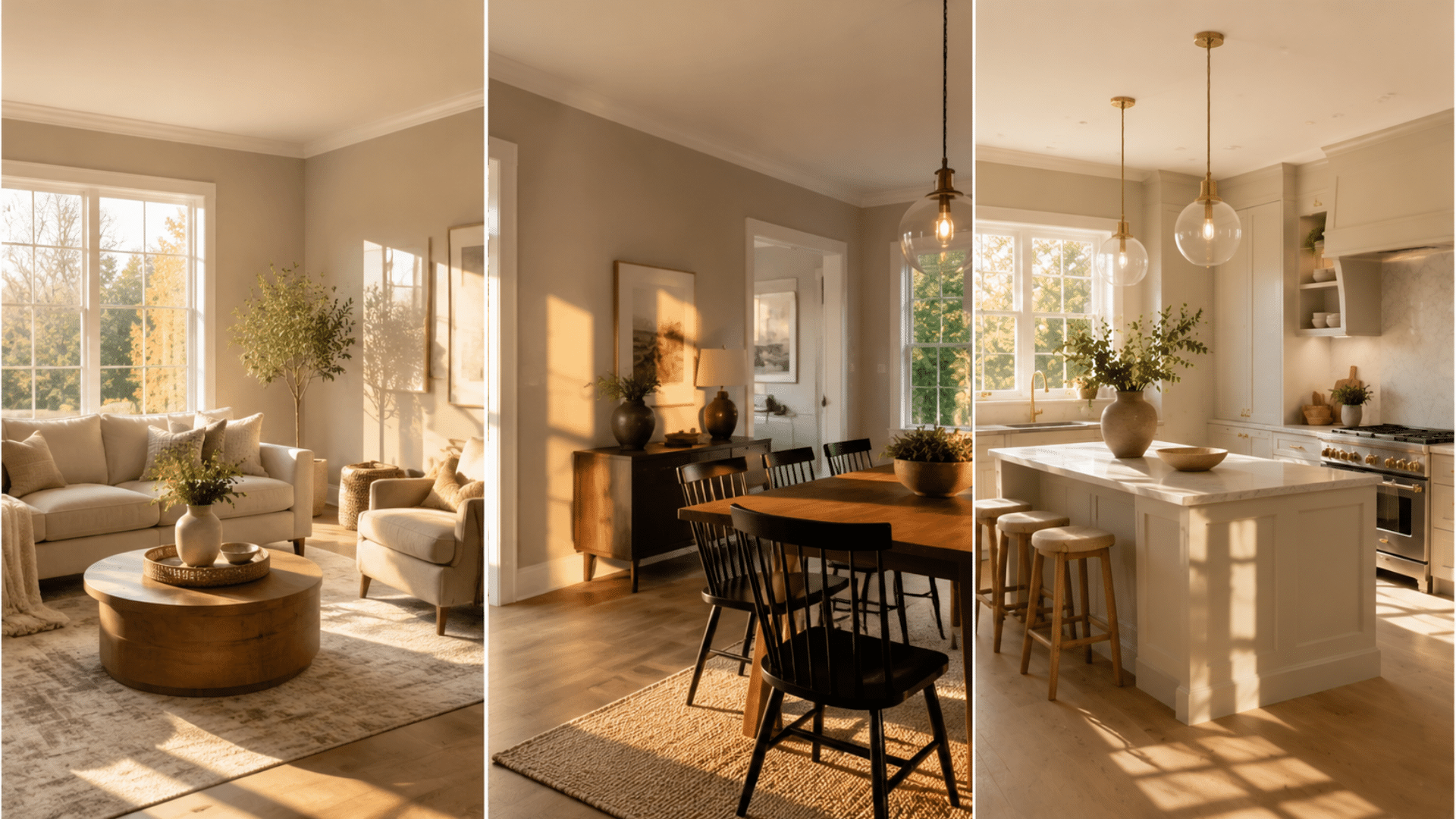 Benjamin Moore Edgecomb Gray kitchen shown under cool, bright, and warm lighting conditions to compare color changes.