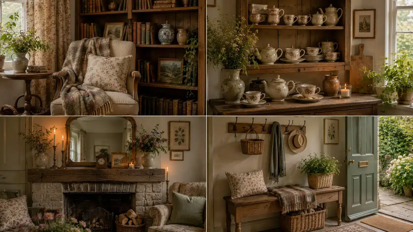 Four-panel collage of English cottage interiors featuring a reading nook, tea station, rustic fireplace, and welcoming entry bench, styled with warm wood, vintage objects, floral