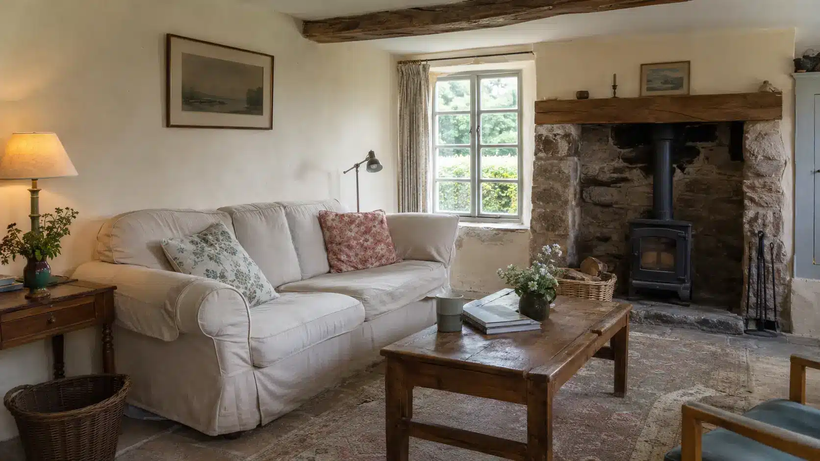 realistic english cottage living room with a linen sofa stone fireplace wooden coffee table and exposed ceiling beam.