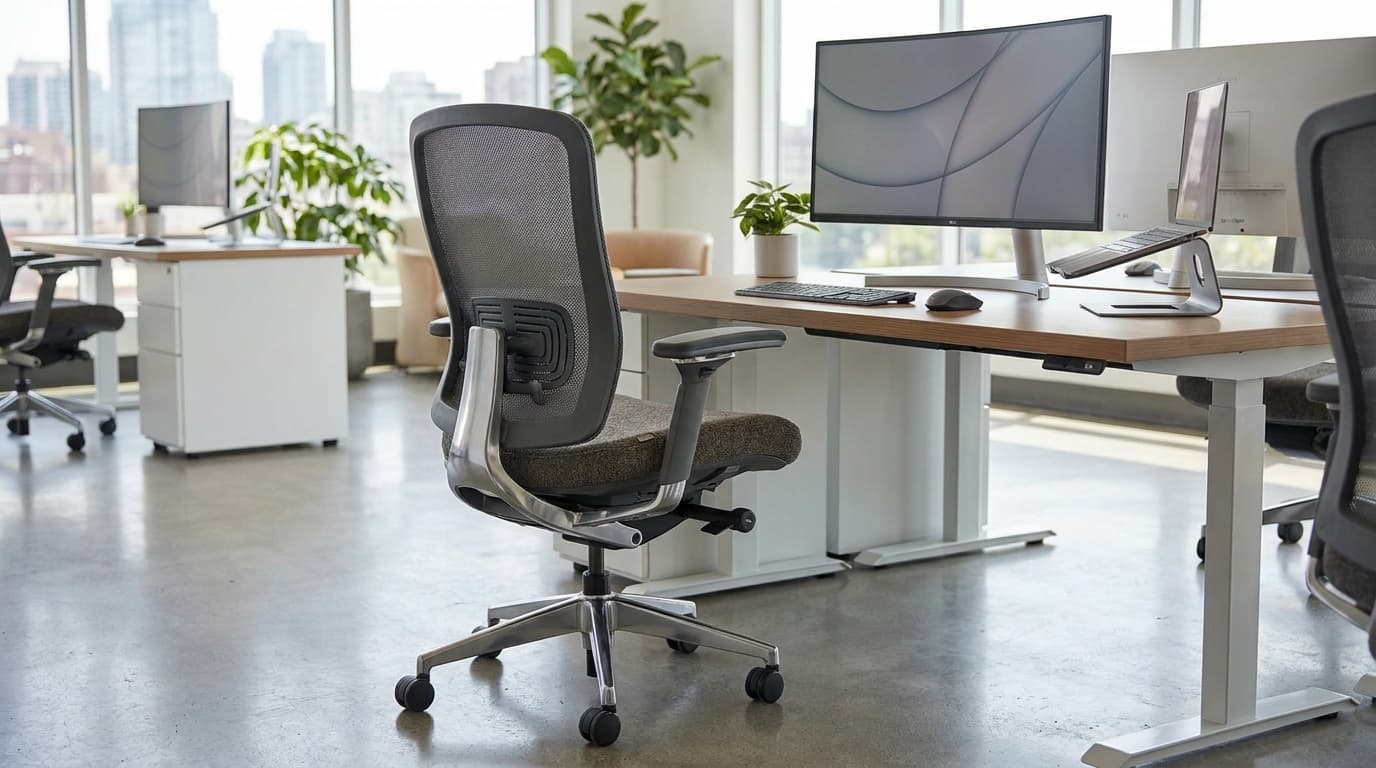 Ergonomic office chair with adjustable support features in a modern workspace