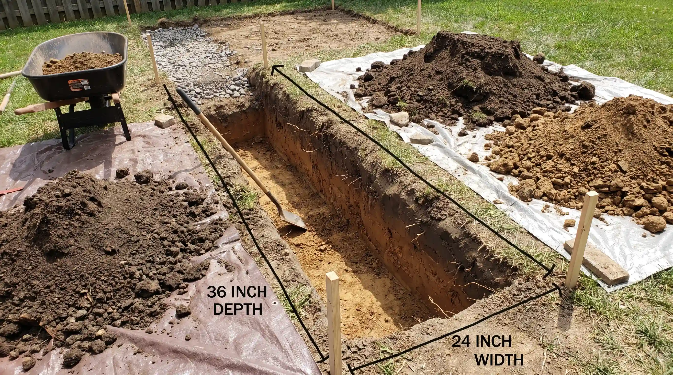 Excavated trench prepared for a retaining wall with removed soil and construction tools nearby