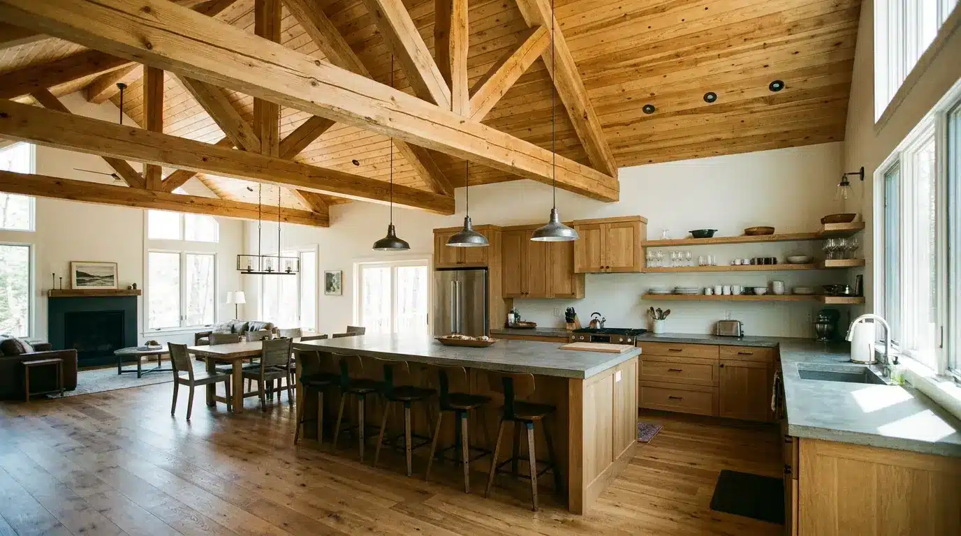 Open-plan kitchen with a high vaulted ceiling, exposed natural wood trusses, large stone-topped island, pendant lights, neutral cabinetry, and an adjoining living area.