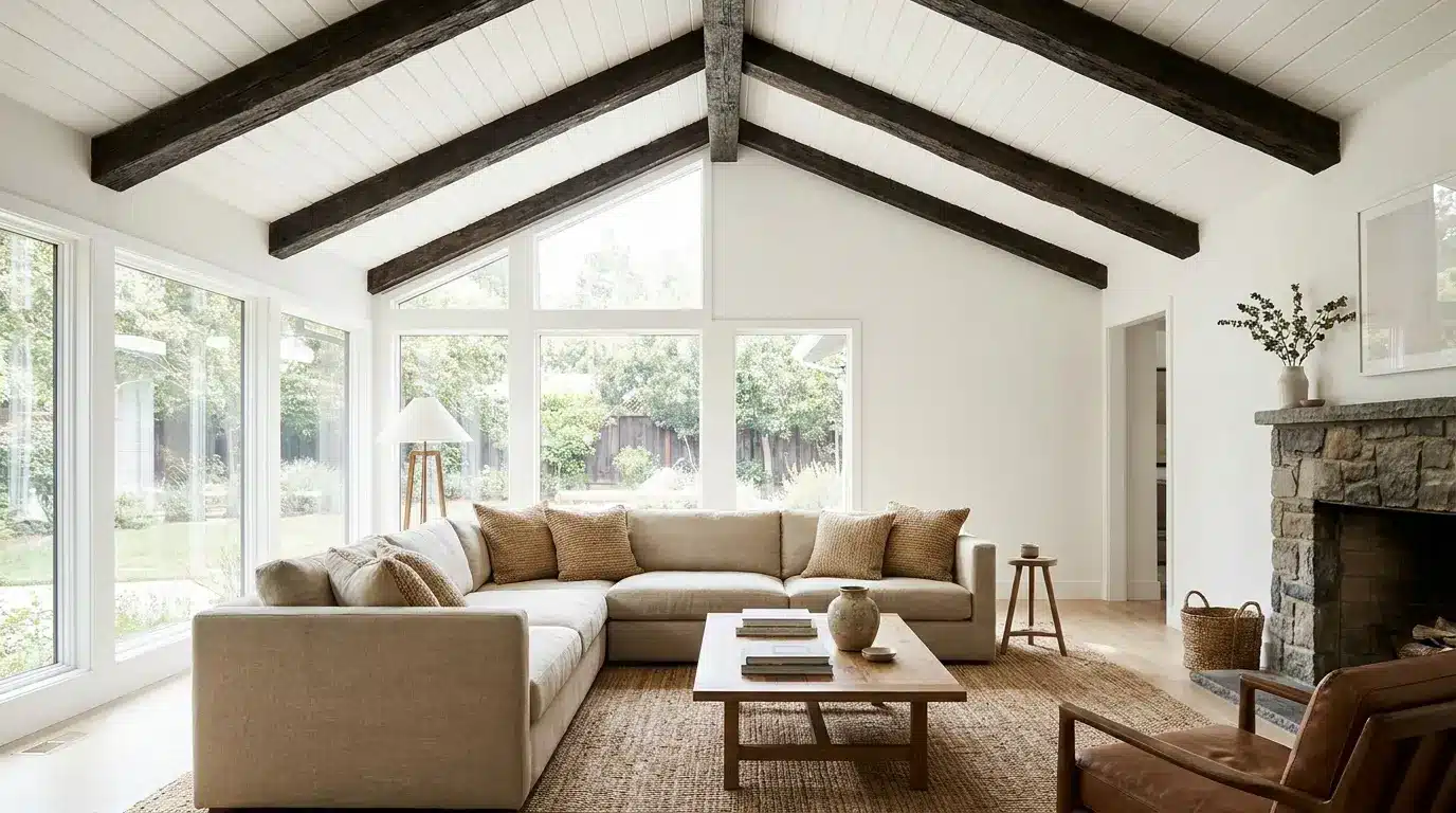 Bright living room with dark exposed wood ceiling beams, large windows, a beige sectional sofa, wooden coffee table, woven rug, and stone fireplace.