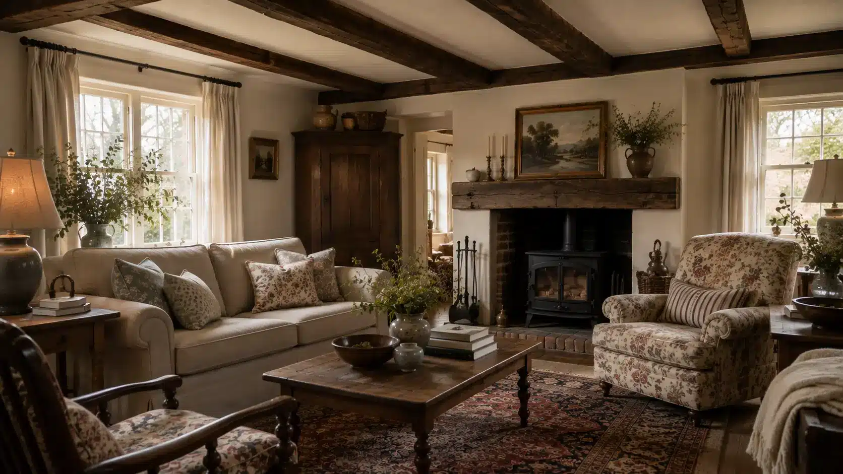 Photorealistic English cottage living room with exposed dark wood ceiling beams, cream plaster walls, floral armchairs, antique wood furniture, Persian-style rug, linen curtains, and soft natural daylight.