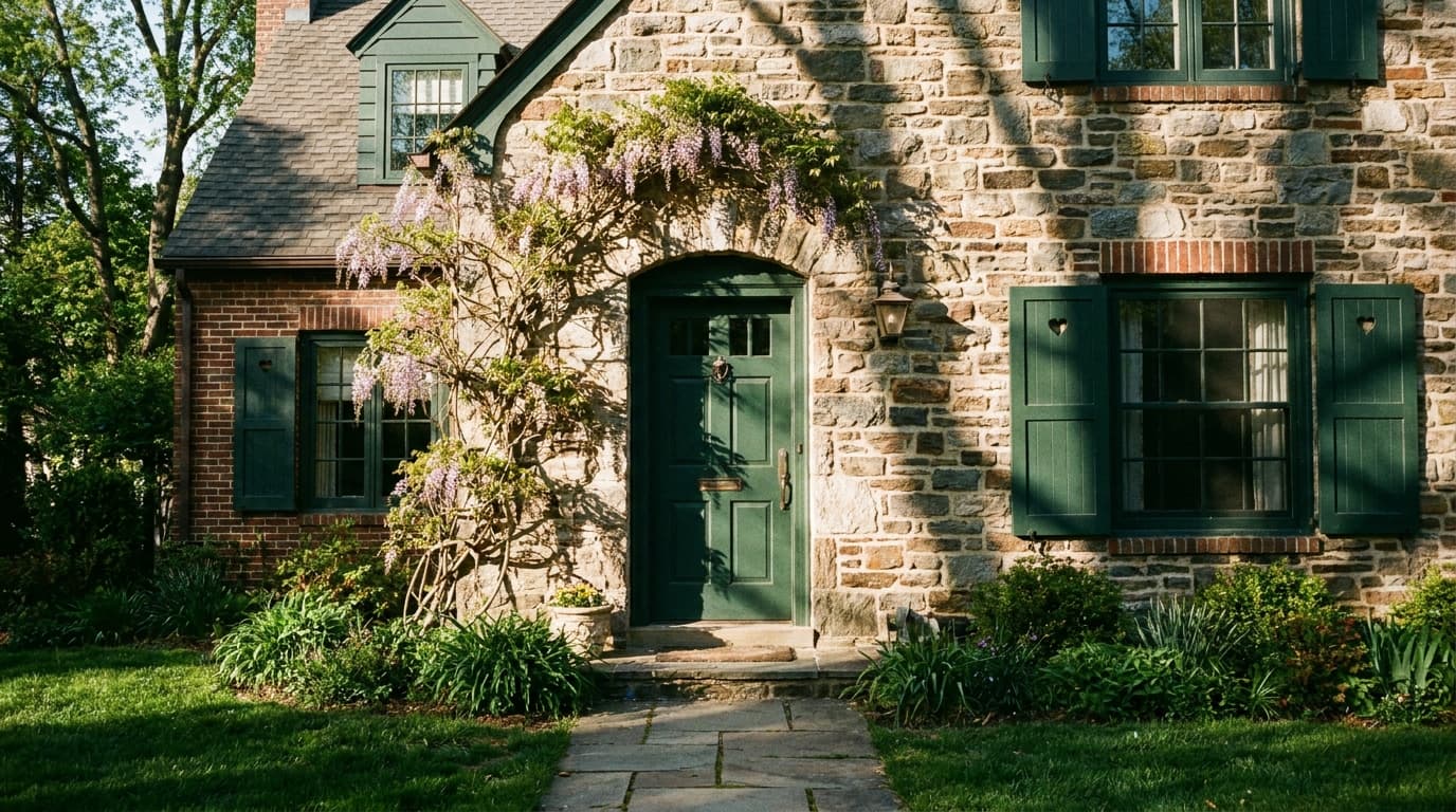 Stone cottage exterior with deep green door and shutters, climbing wisteria, lush landscaping, and warm natural sunlight.