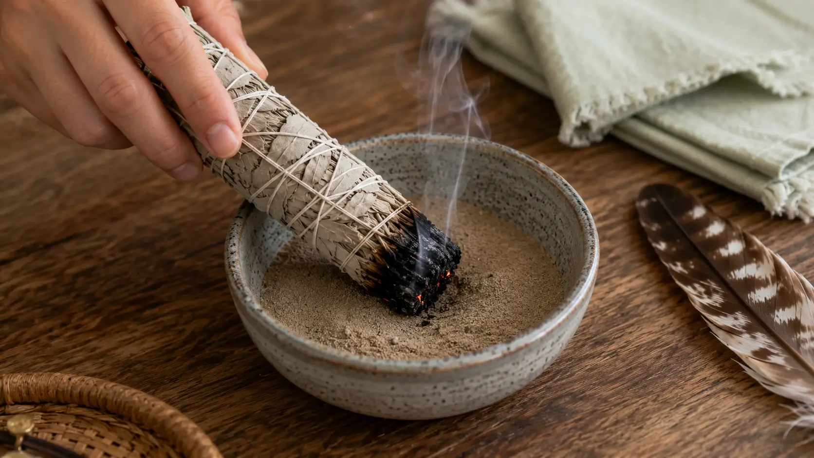 Hand extinguishing a smoldering sage bundle in a sand-filled ceramic bowl on a wooden table.