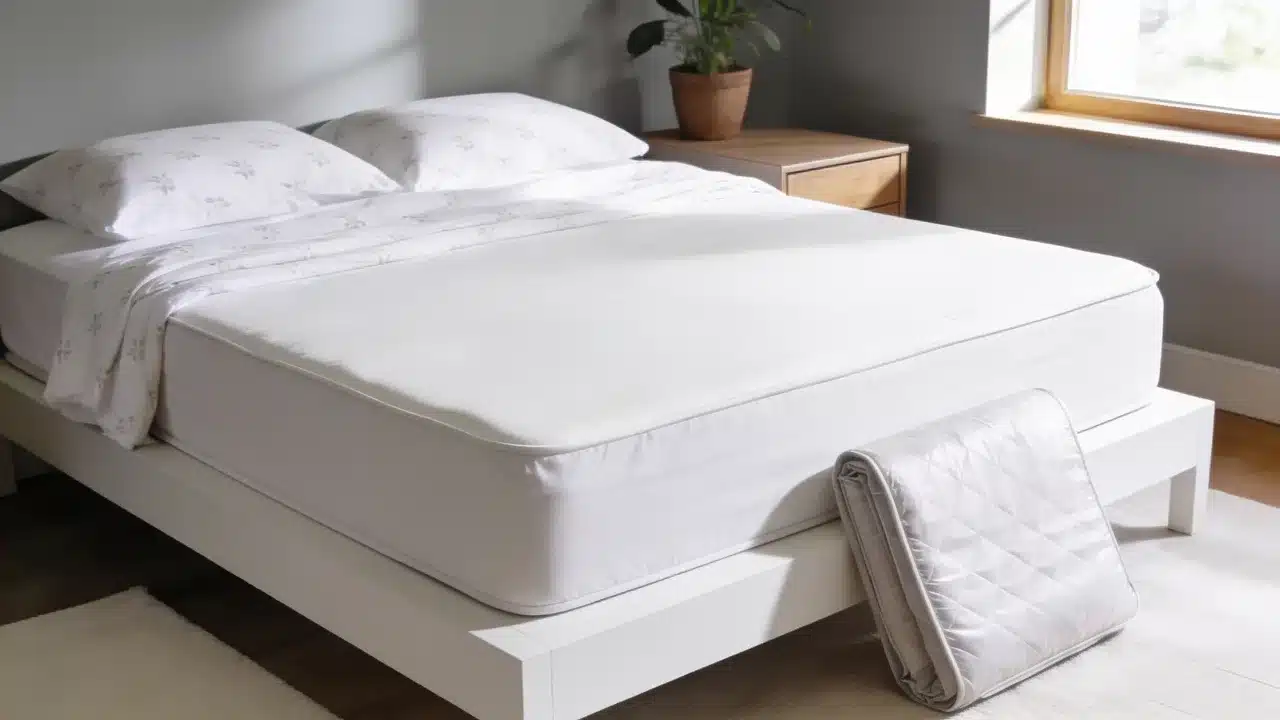 White mattress on a platform bed in a bright bedroom with pillows, bedding, and a folded mattress protector.