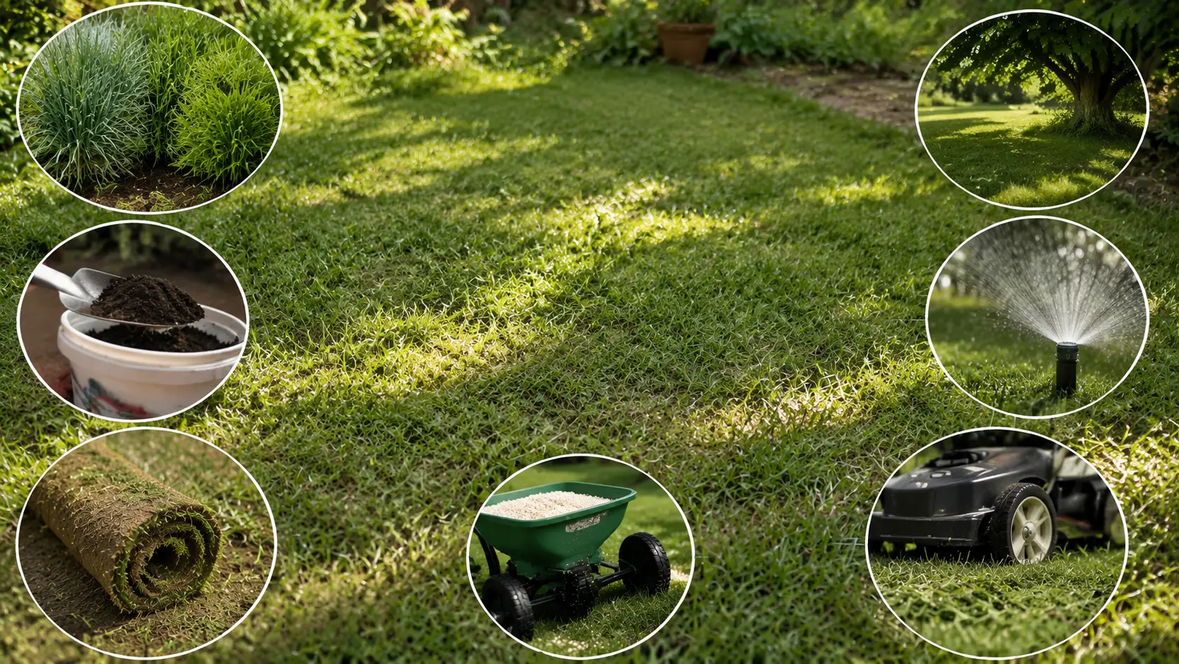 Natural lawn showing grass type, soil, sunlight, watering, mowing, and fertilizer factors affecting feeding frequency